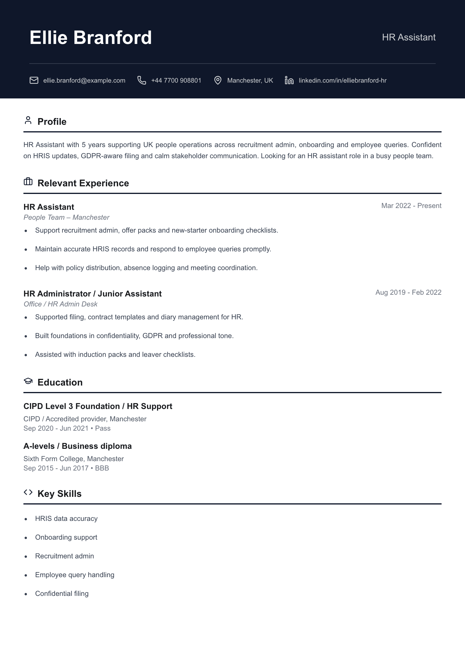 HR assistant CV template