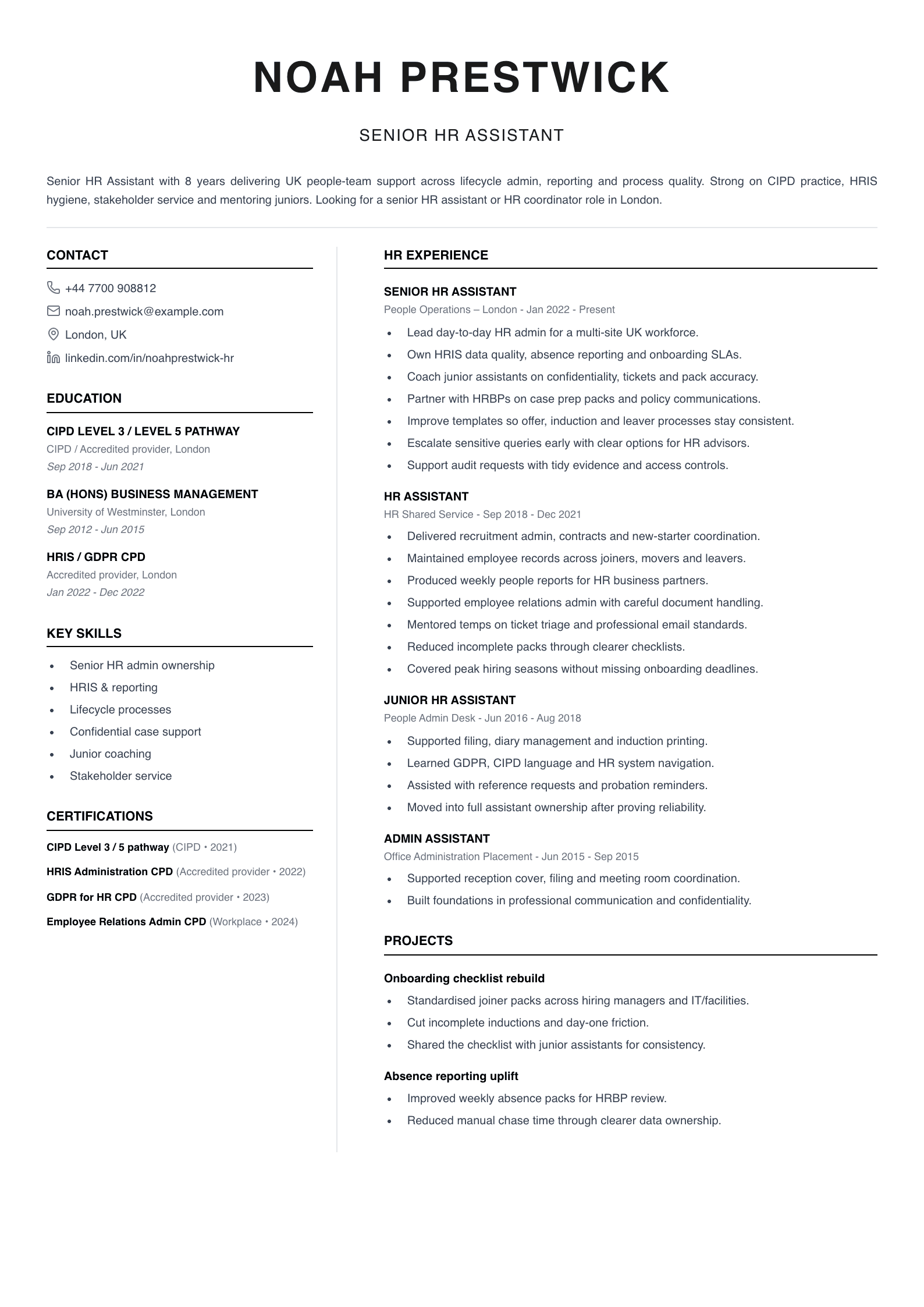 senior HR assistant CV template