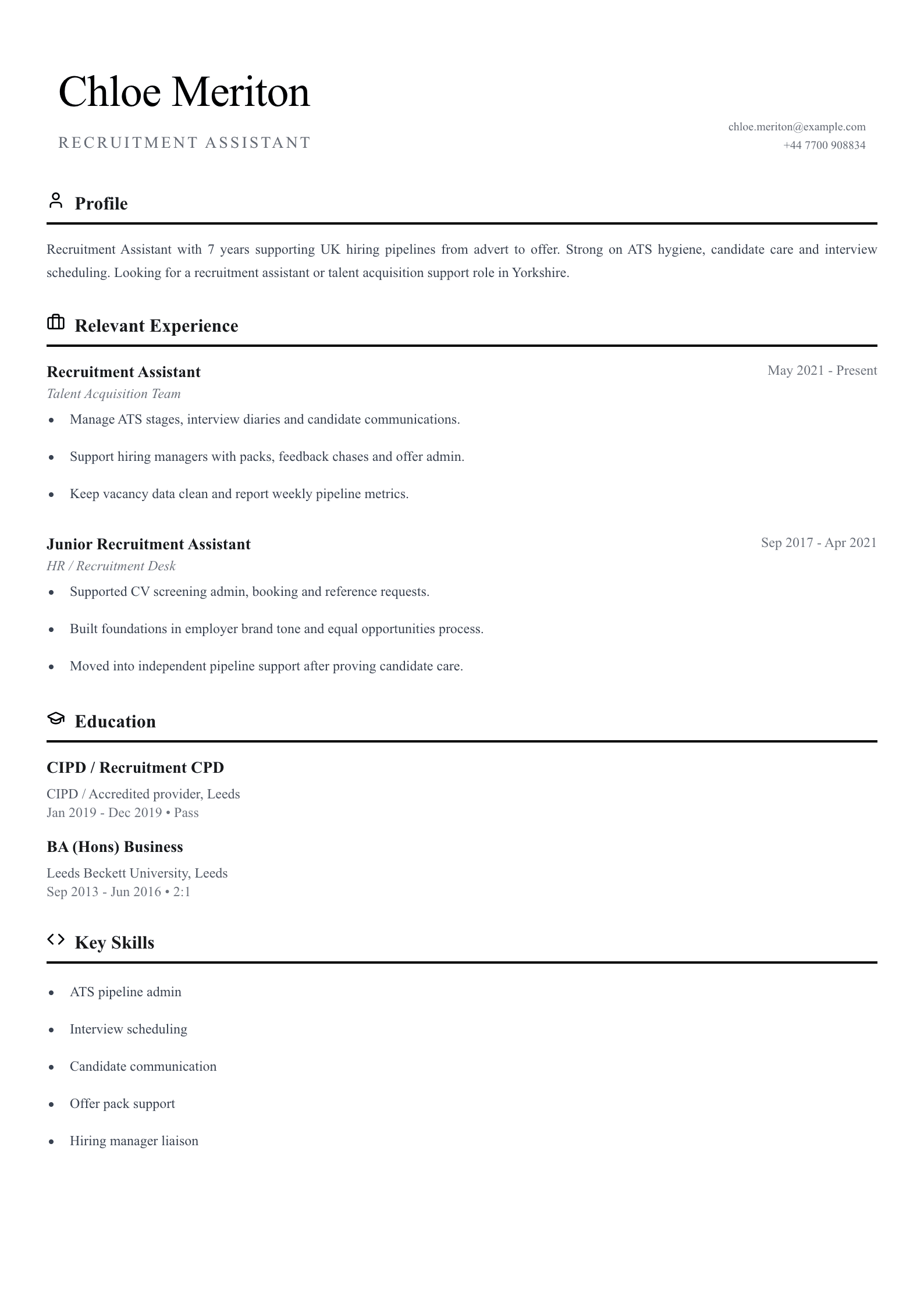 Recruitment assistant CV template