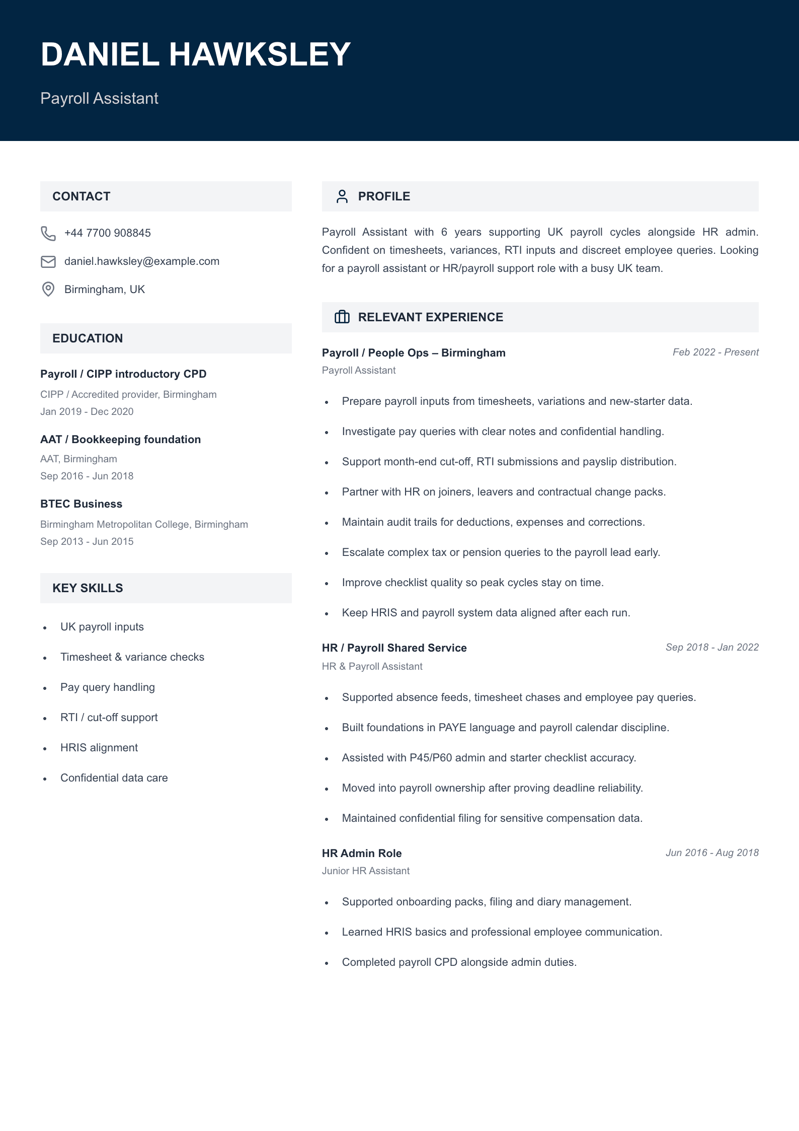 payroll assistant CV template