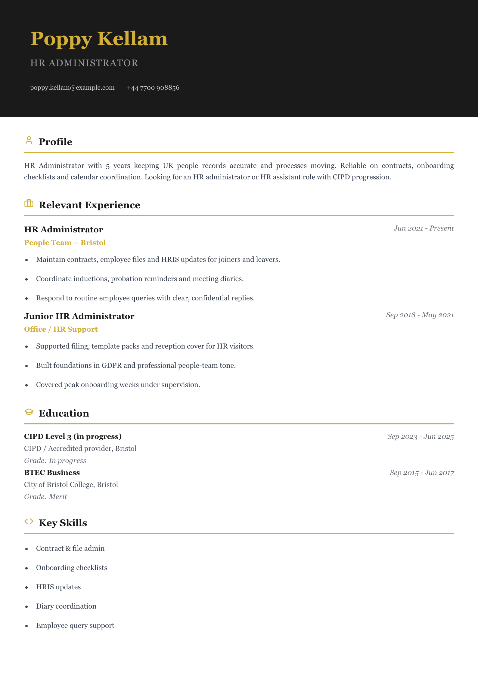 HR administrator CV template