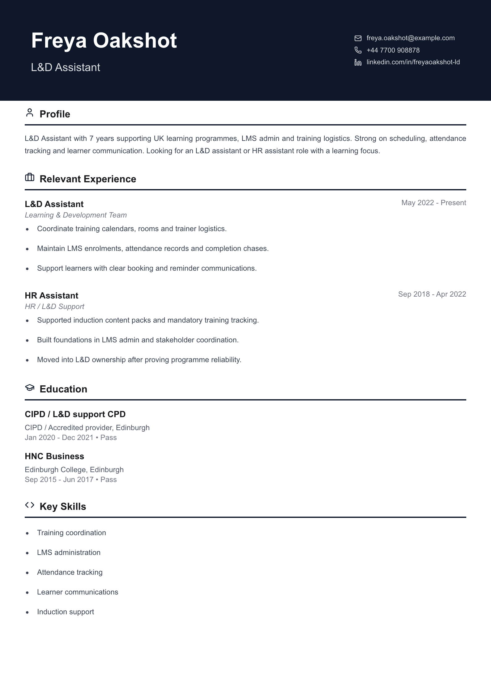 L&D assistant CV template