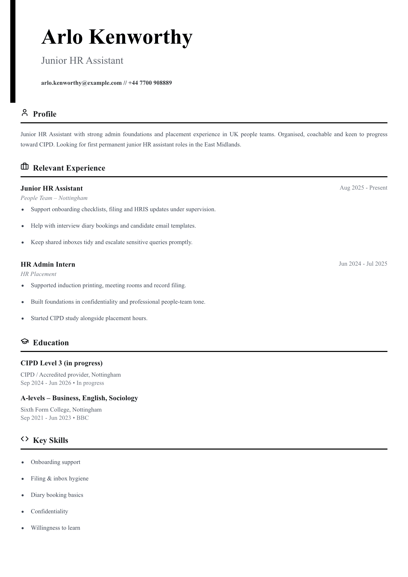 junior HR assistant CV template