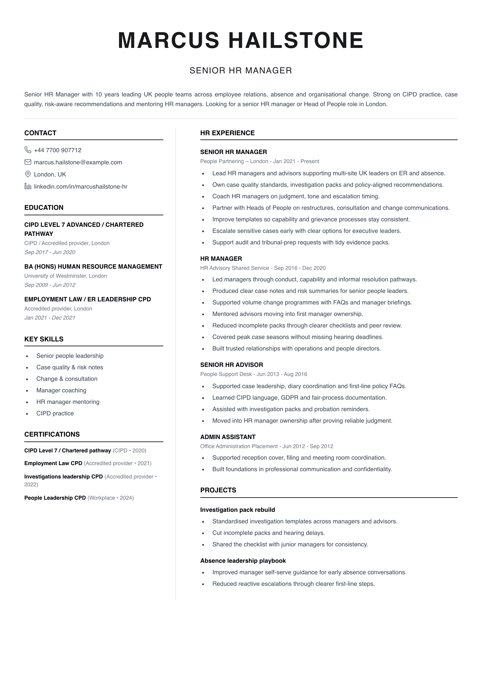 senior HR manager CV template