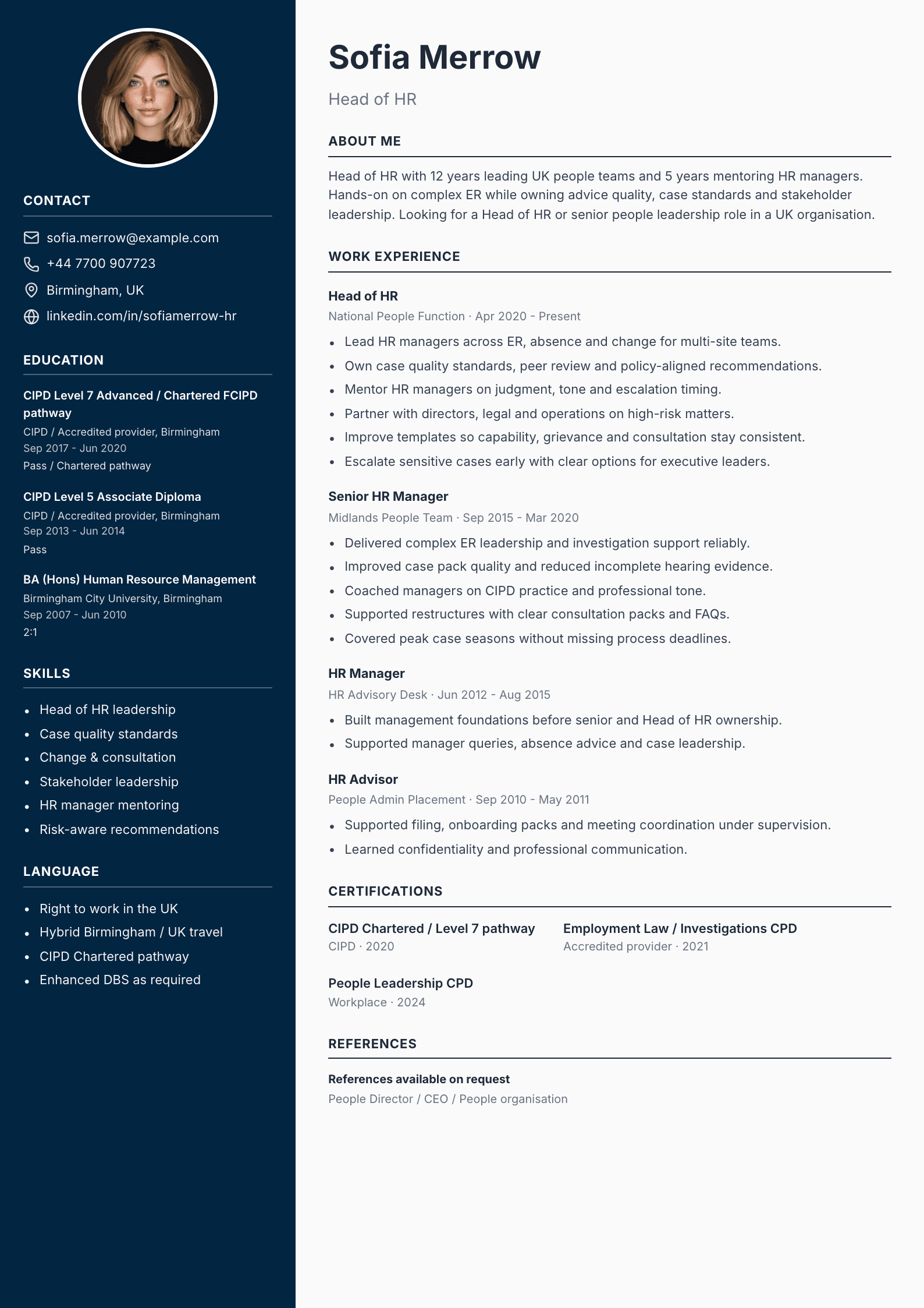 Head of HR CV template