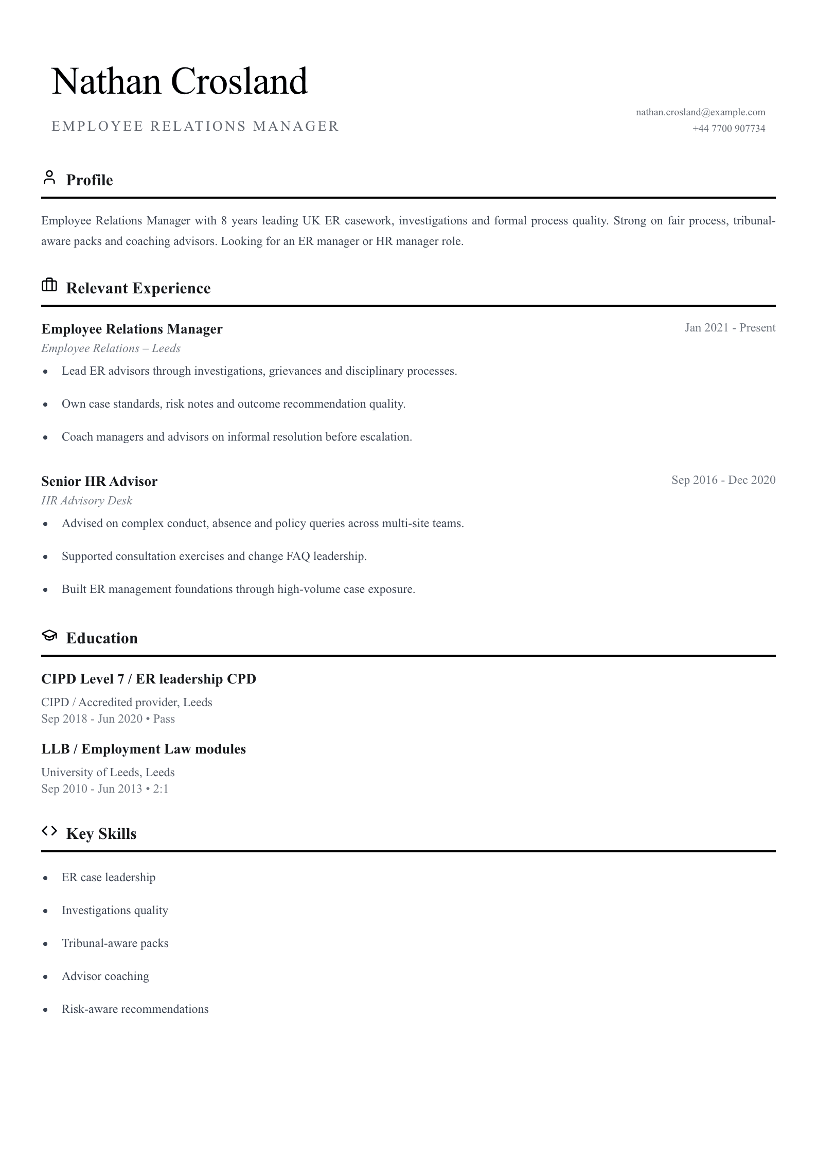 Employee relations manager CV template