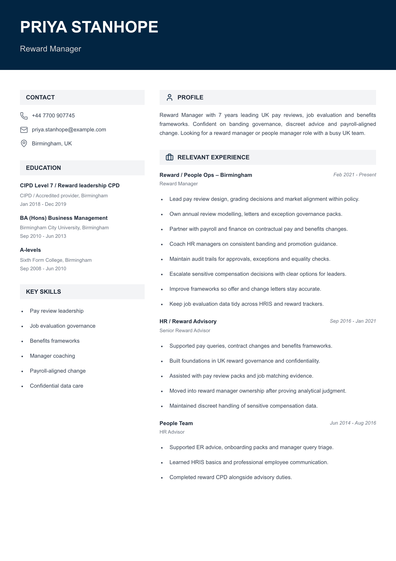 reward manager CV template