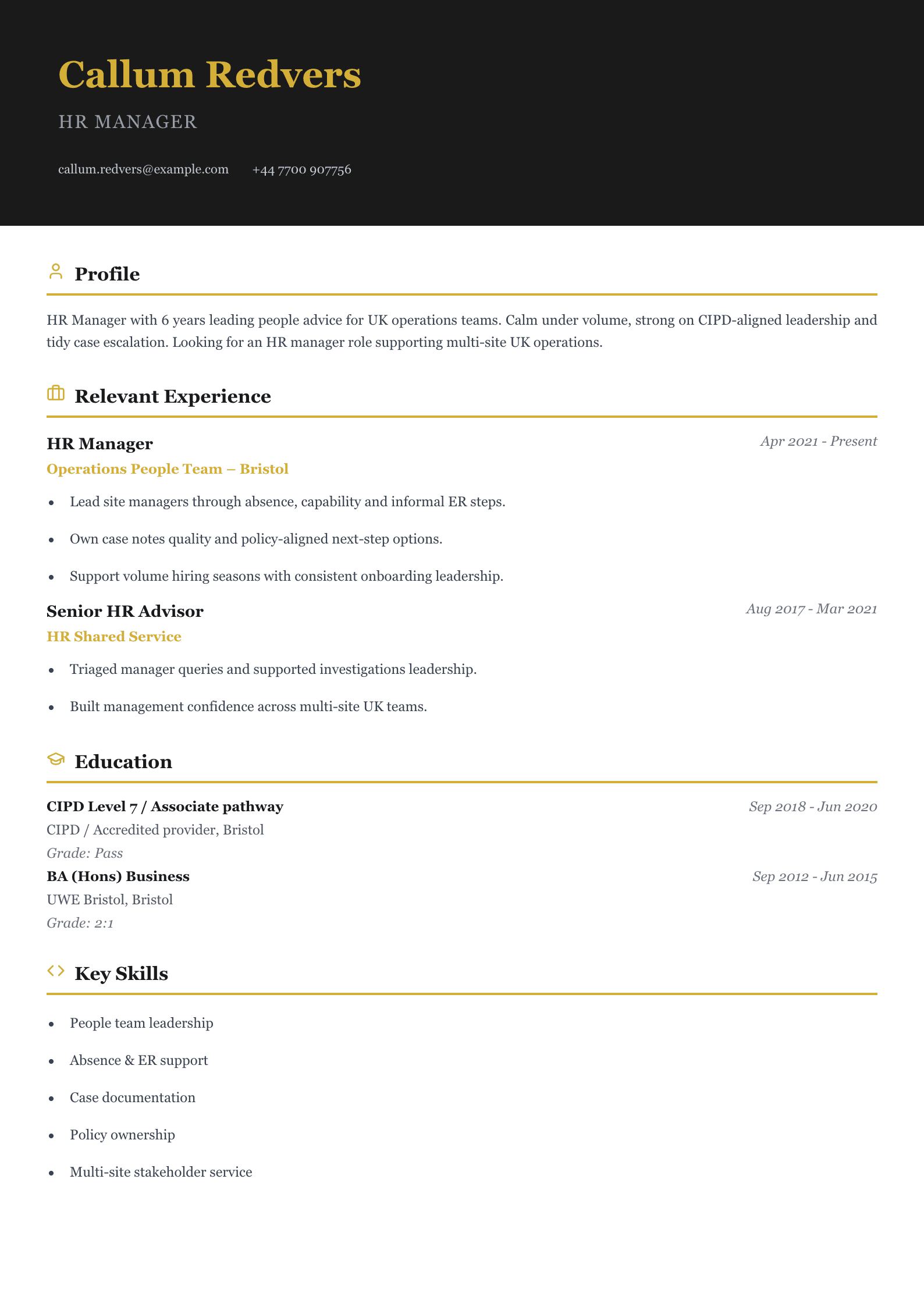 operations HR manager CV template
