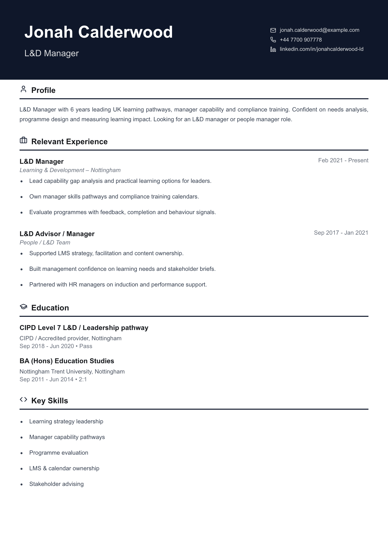 L&D manager CV template