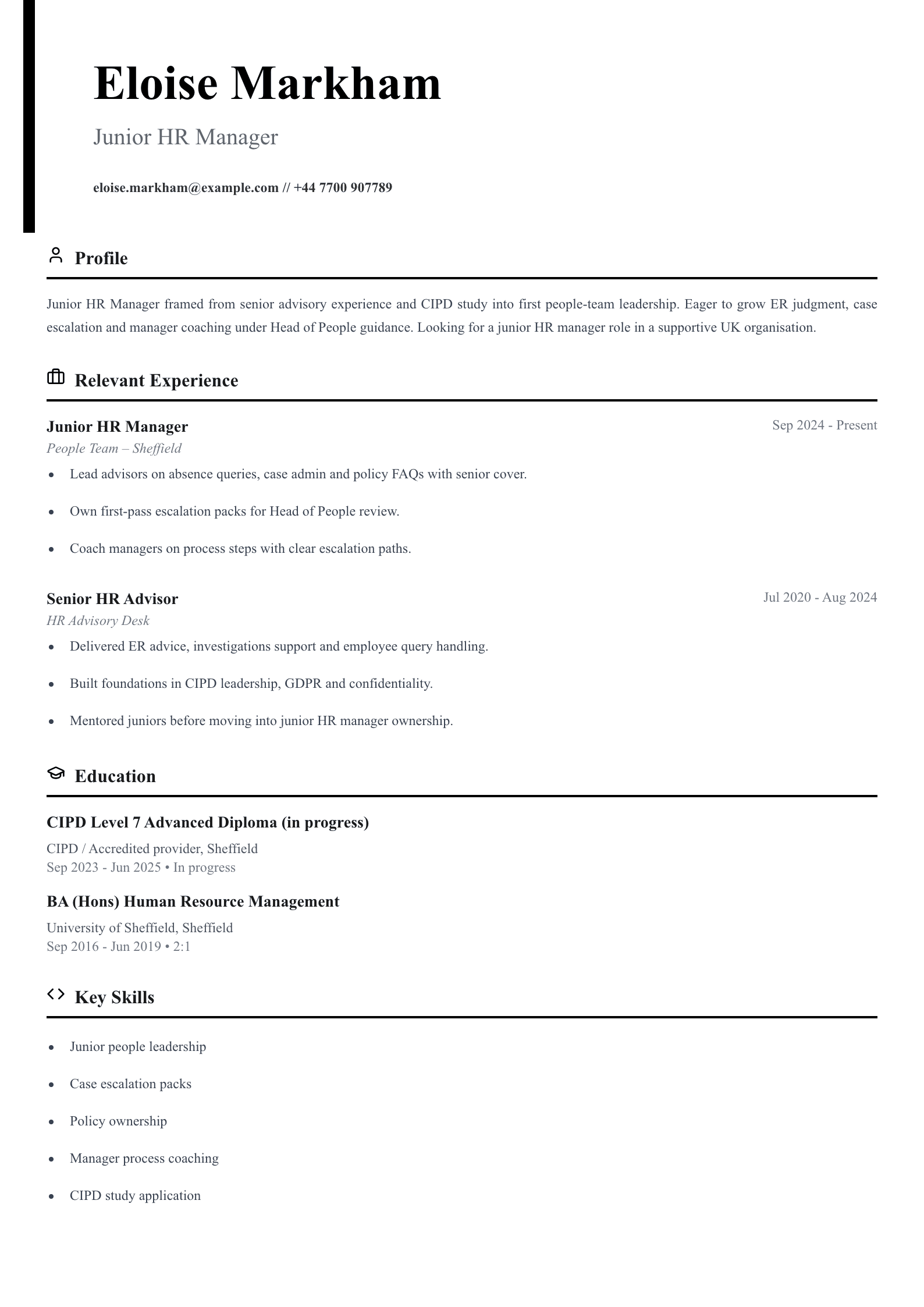 junior HR manager CV template
