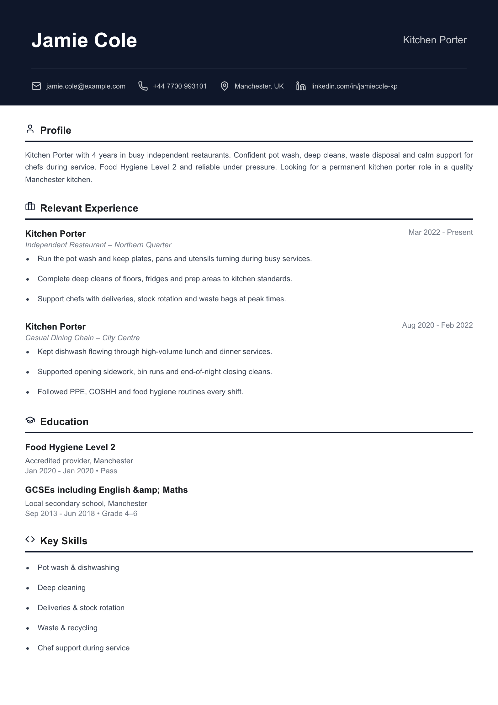 Restaurant kitchen porter CV template
