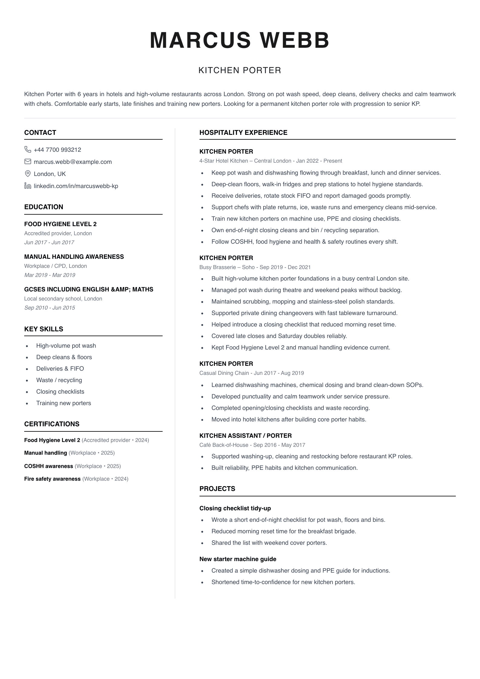 hotel kitchen porter CV template