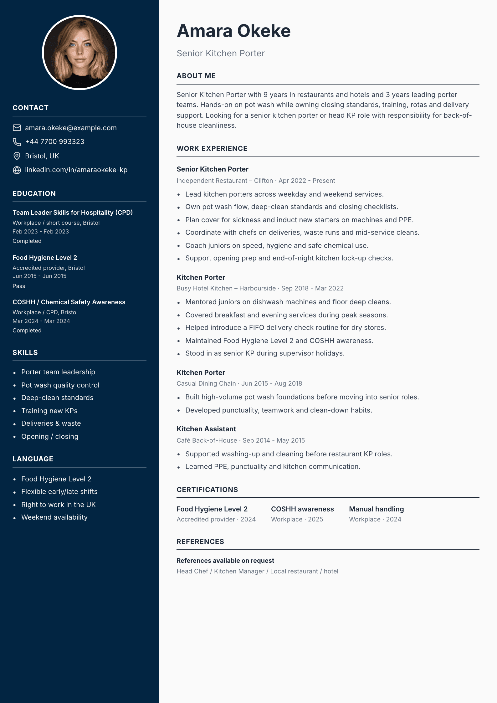 Senior kitchen porter CV template