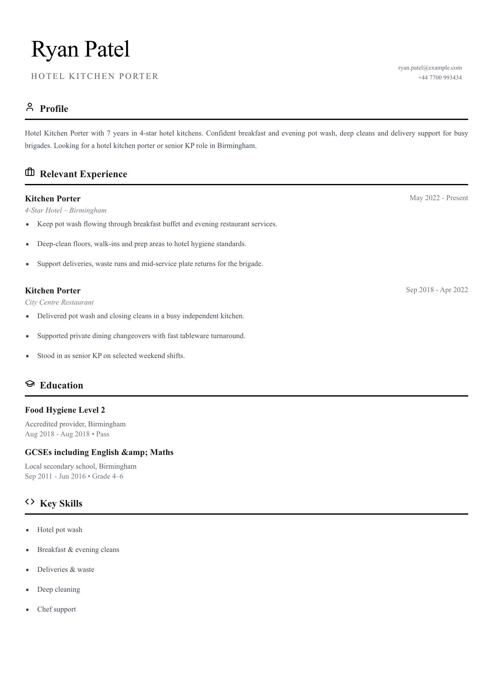 Hotel kitchen porter CV template