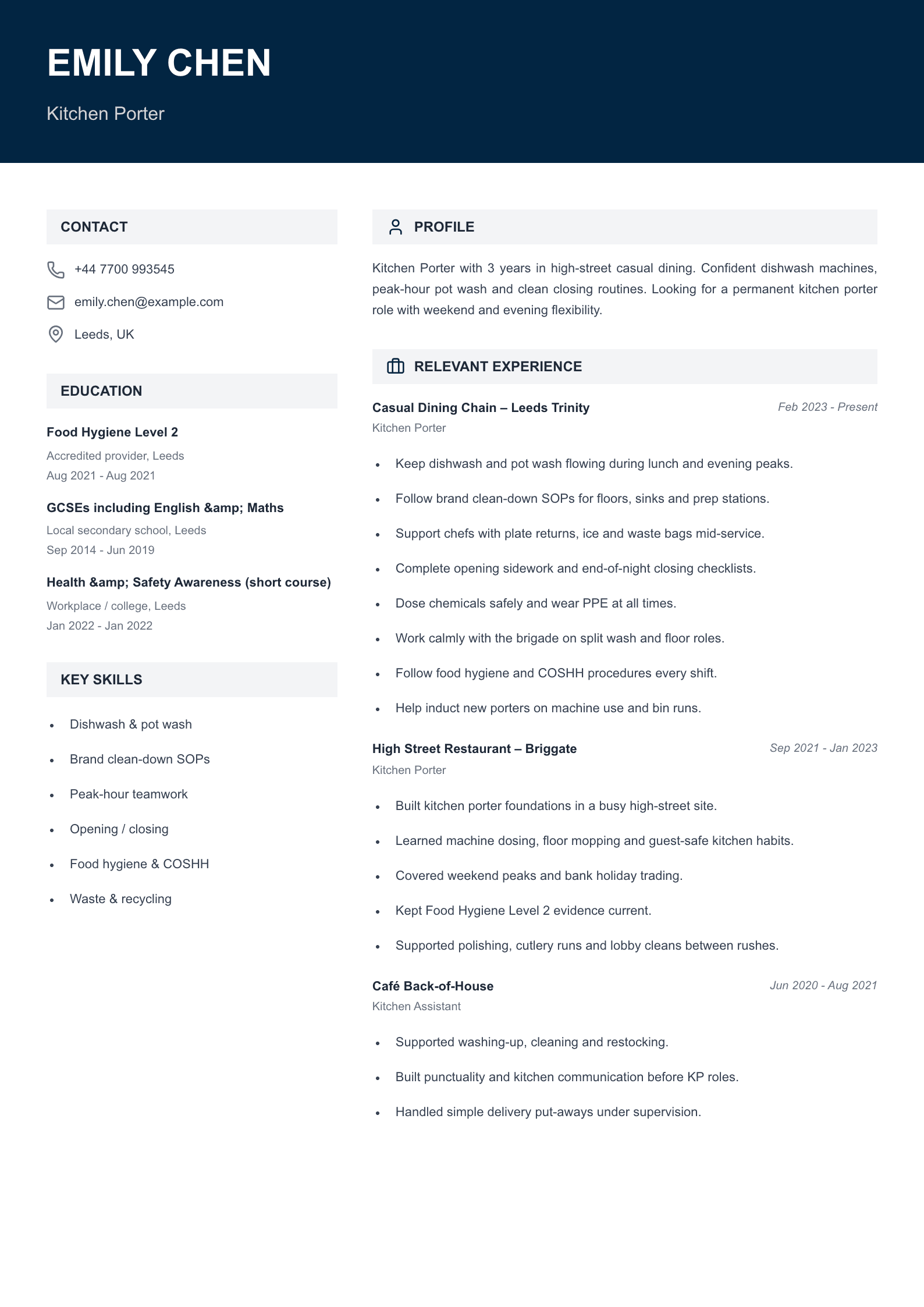 casual dining kitchen porter CV template