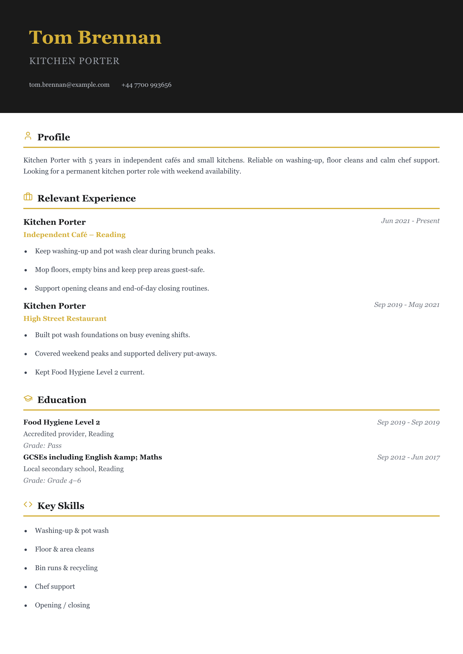 café kitchen porter CV template