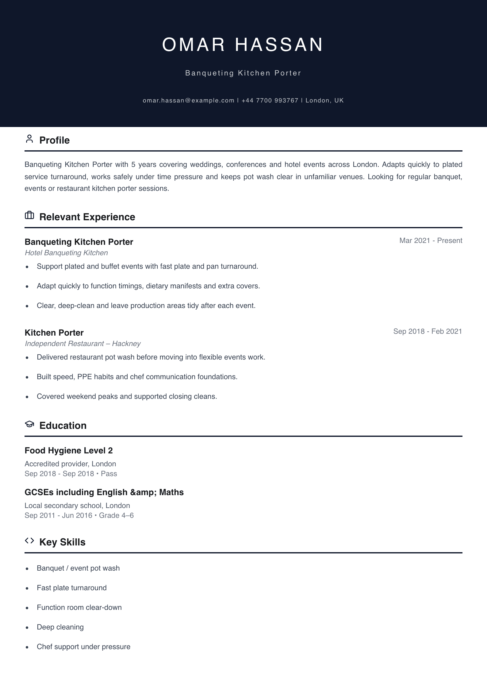 banqueting kitchen porter CV template