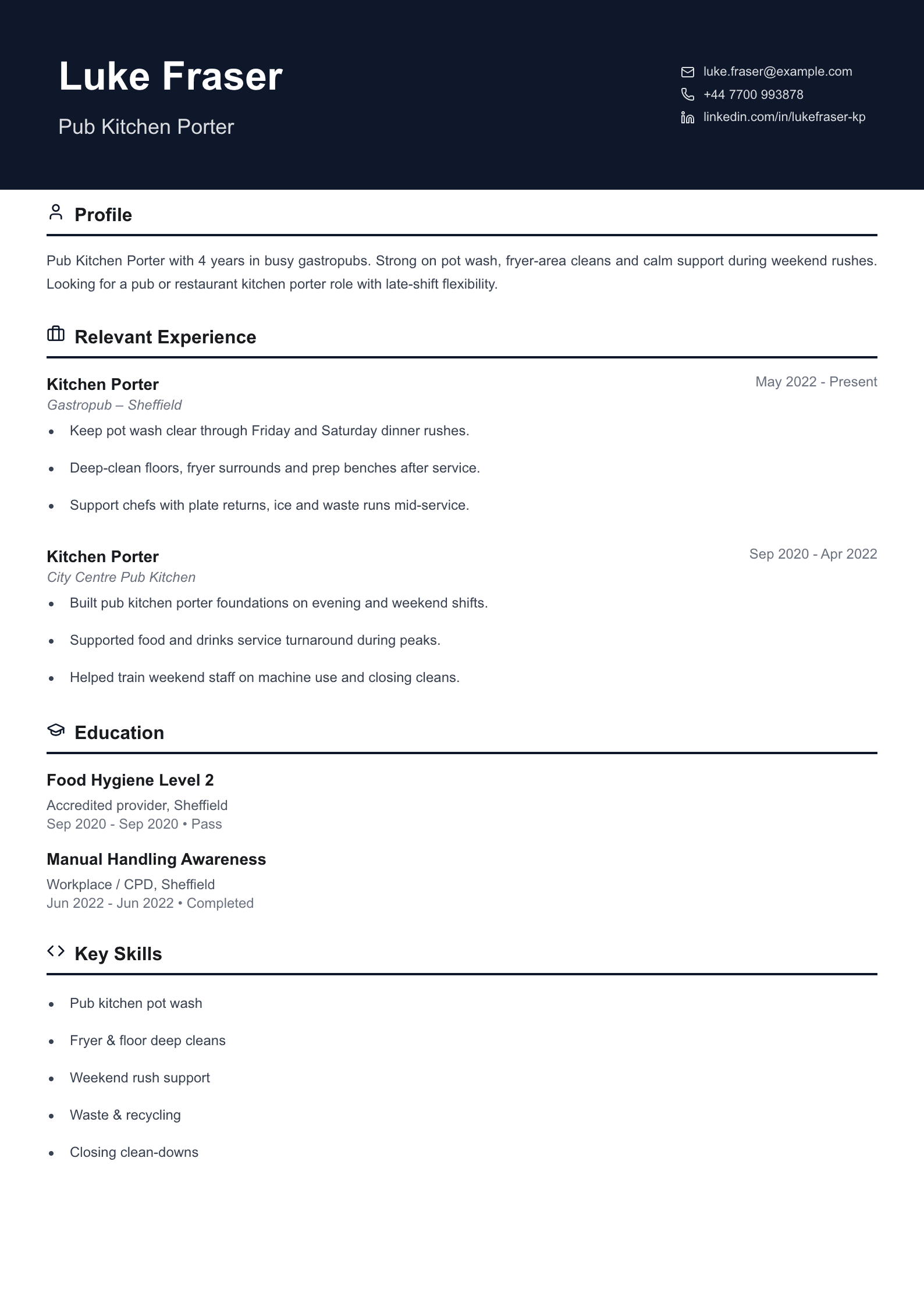 pub kitchen porter CV template