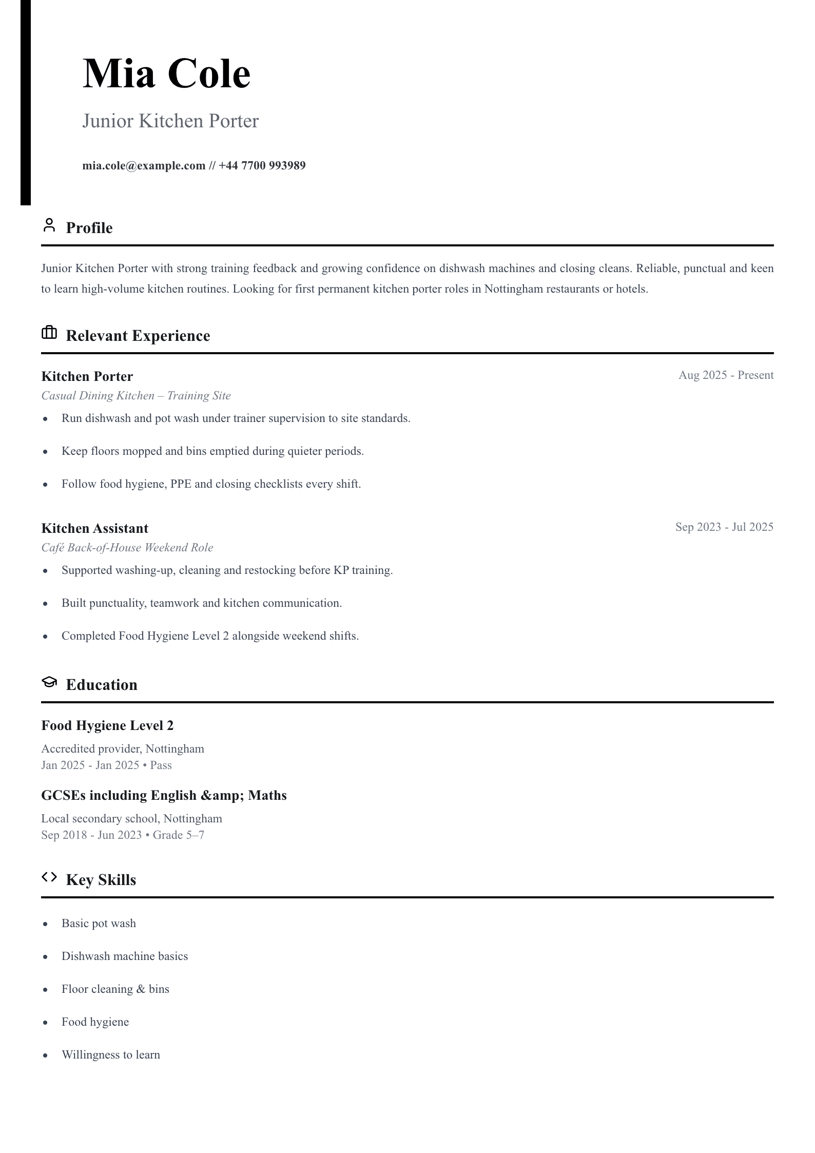 junior kitchen porter CV template