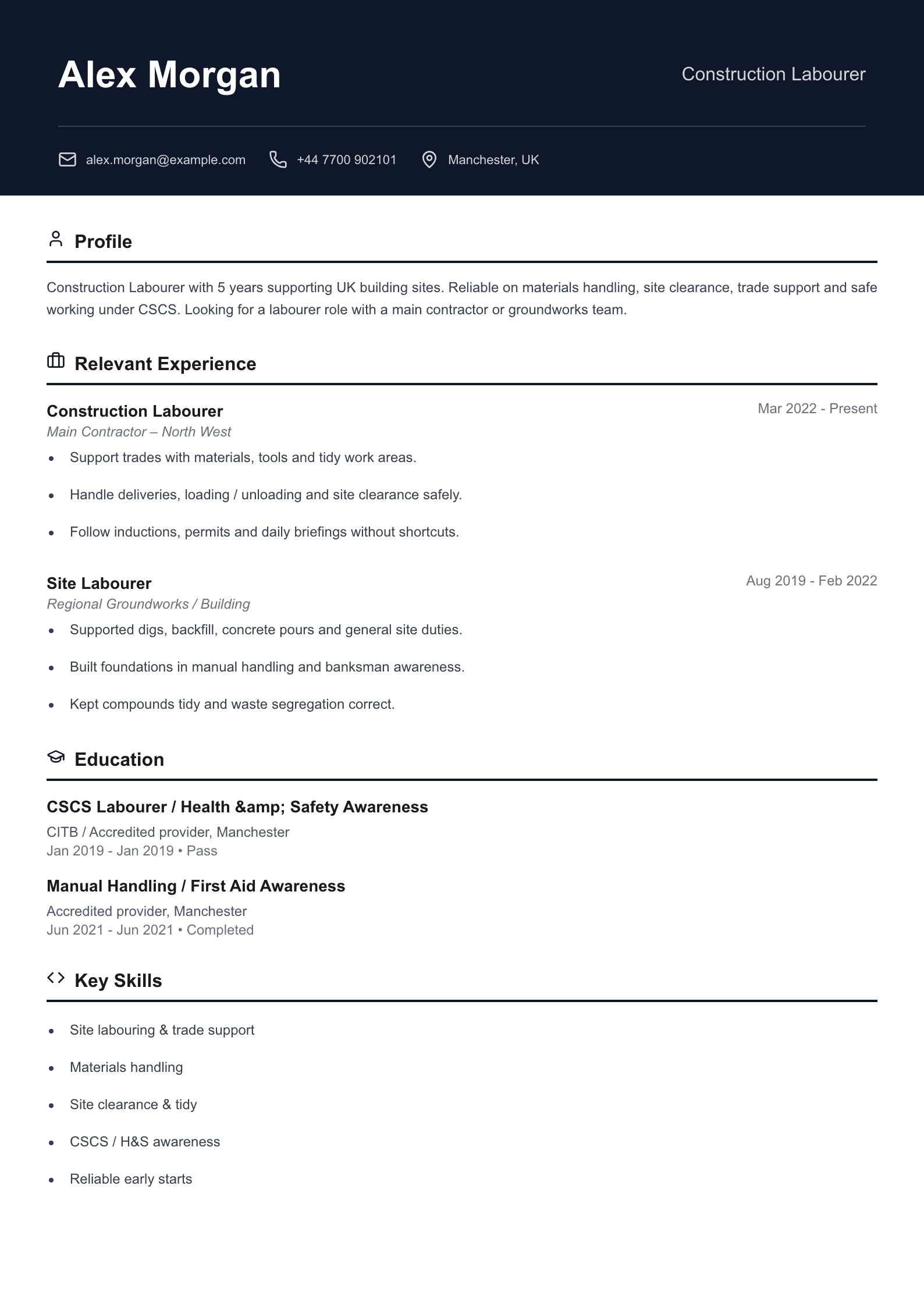 Construction labourer CV template