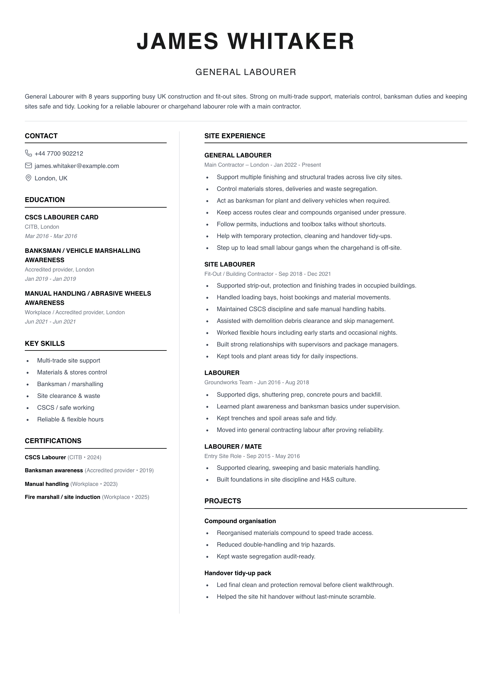 general labourer CV template