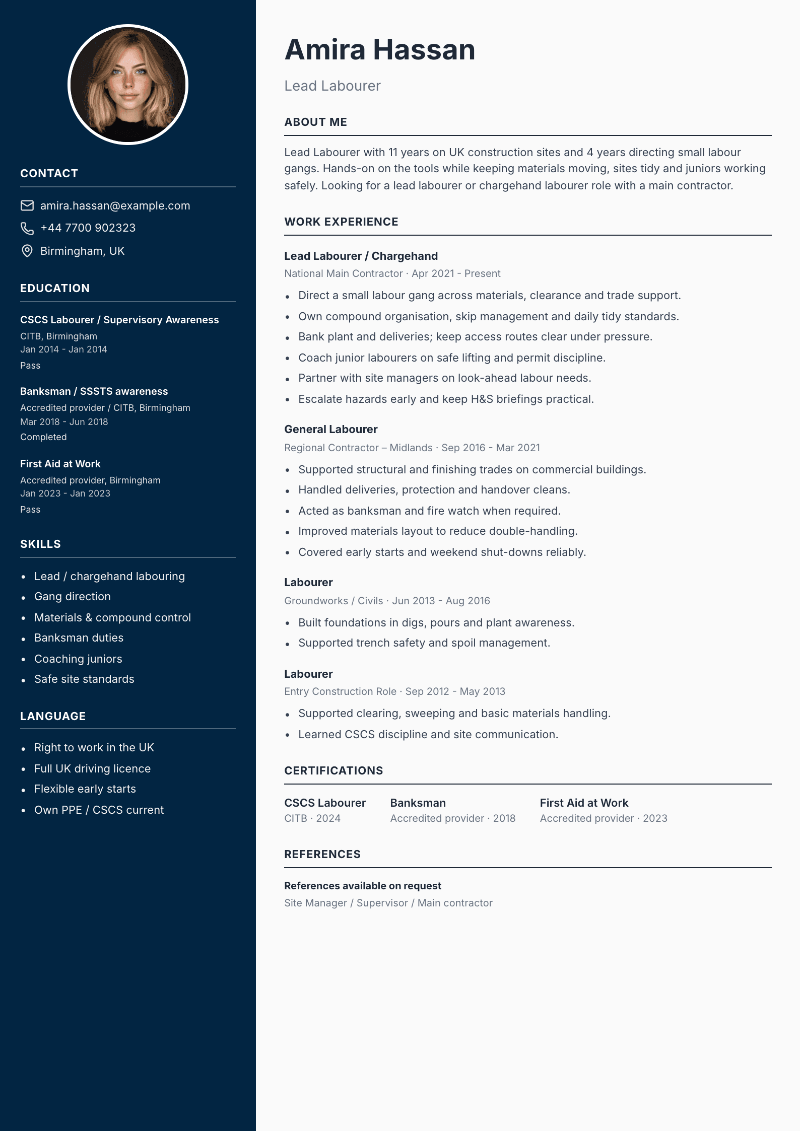 Lead labourer CV template