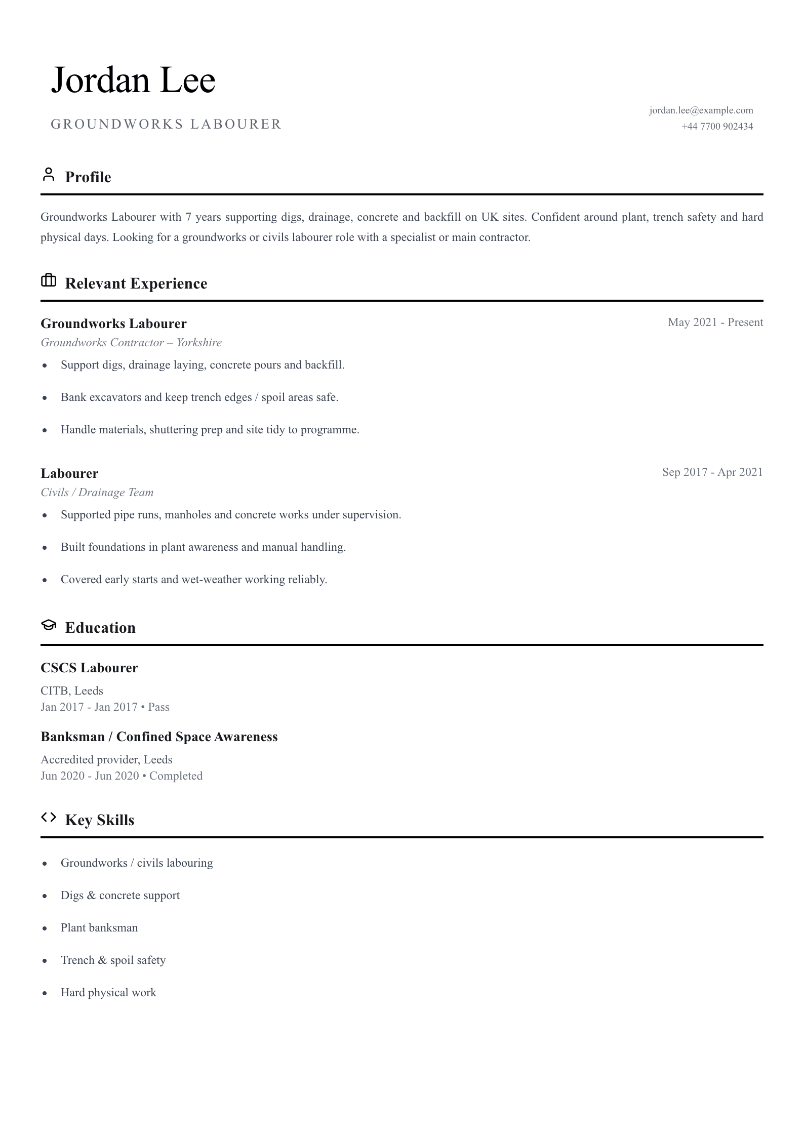 Groundworks labourer CV template