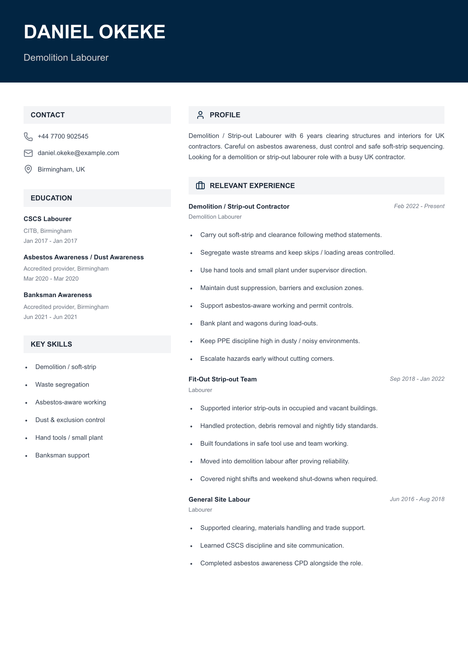 demolition labourer CV template
