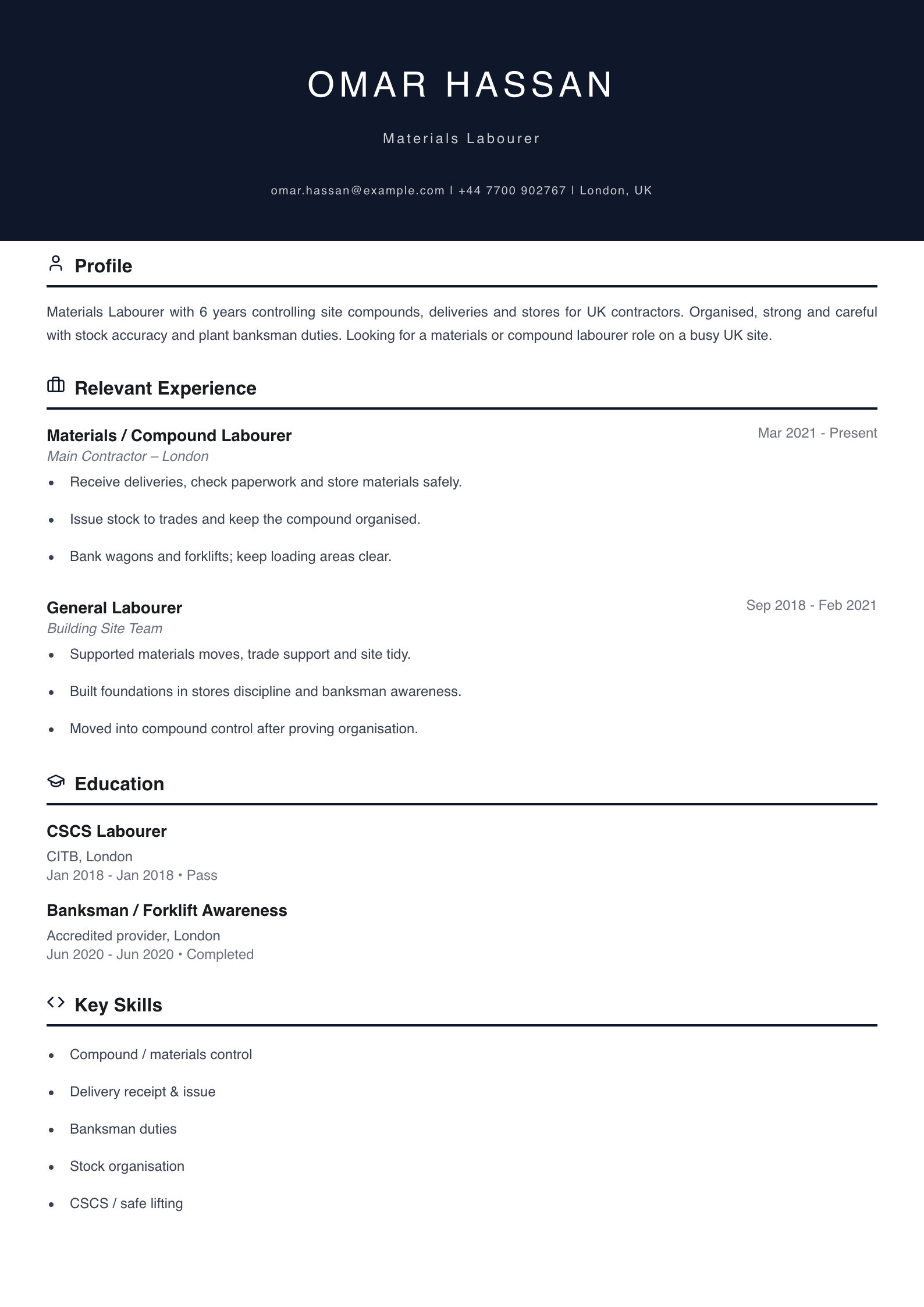 materials labourer CV template