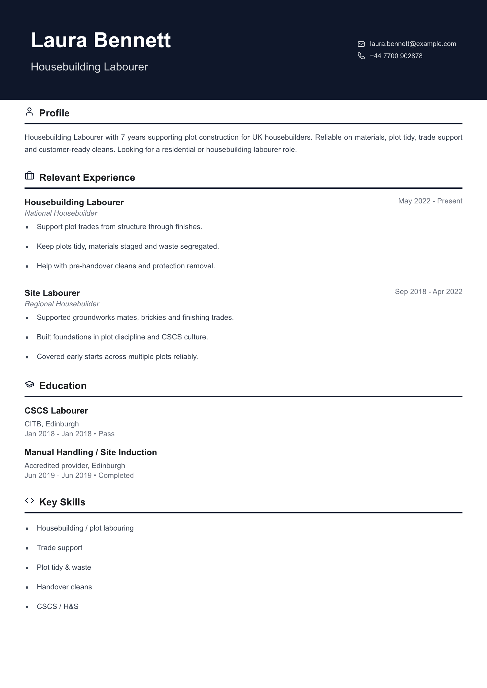 housebuilding labourer CV template