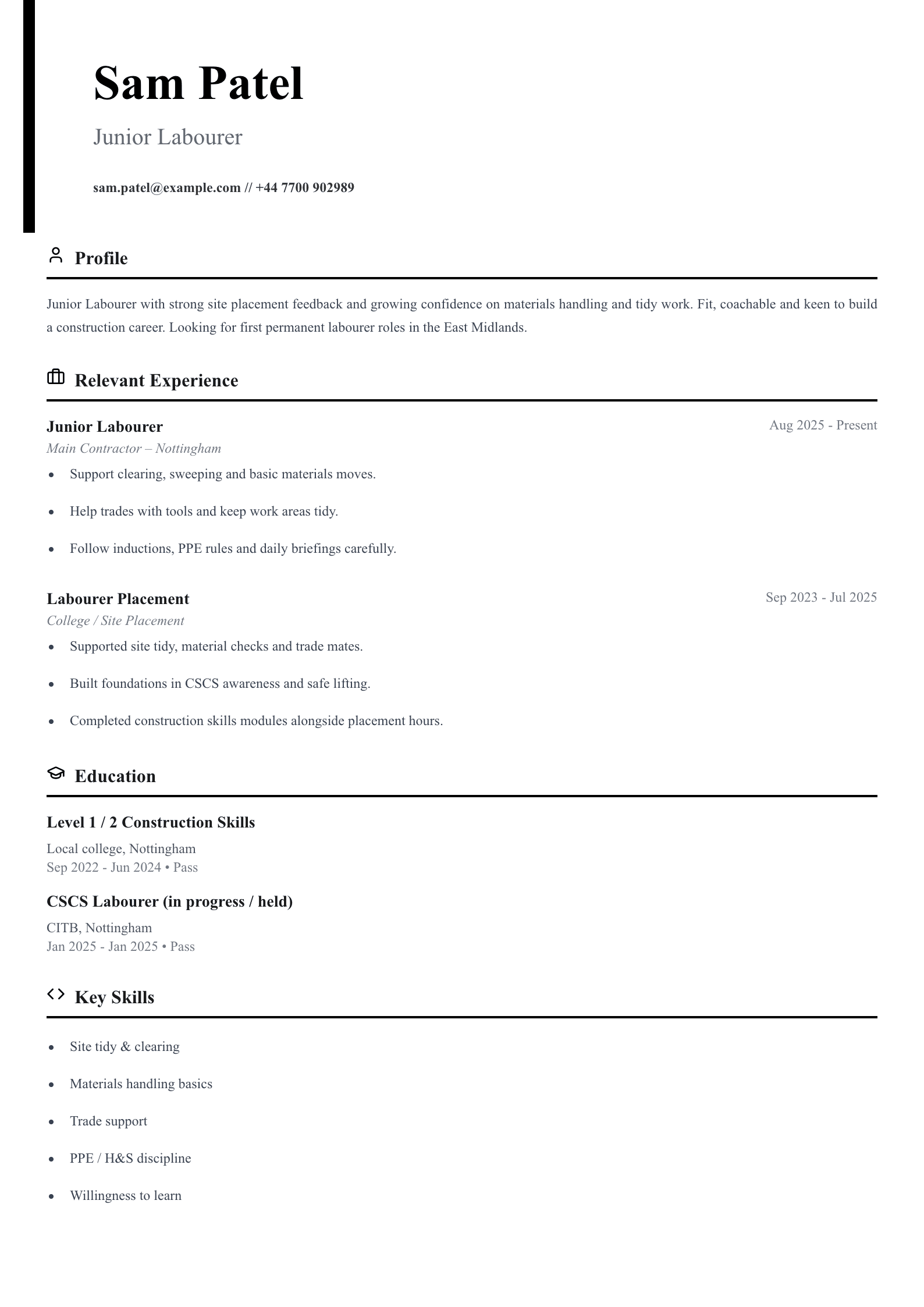 junior labourer CV template