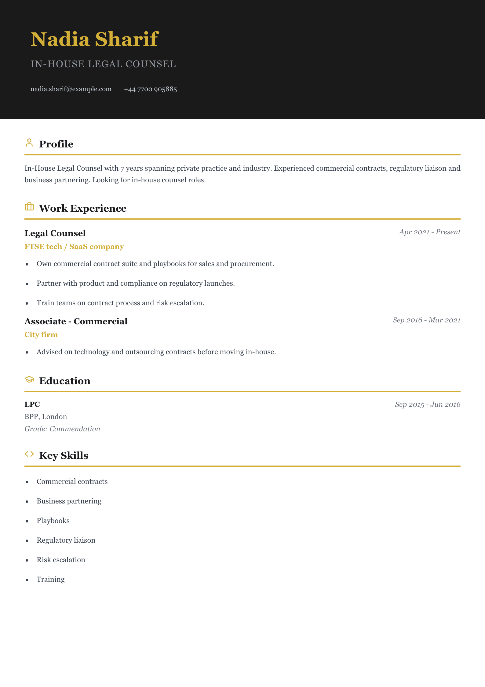 free legal cv template in-house legal counsel