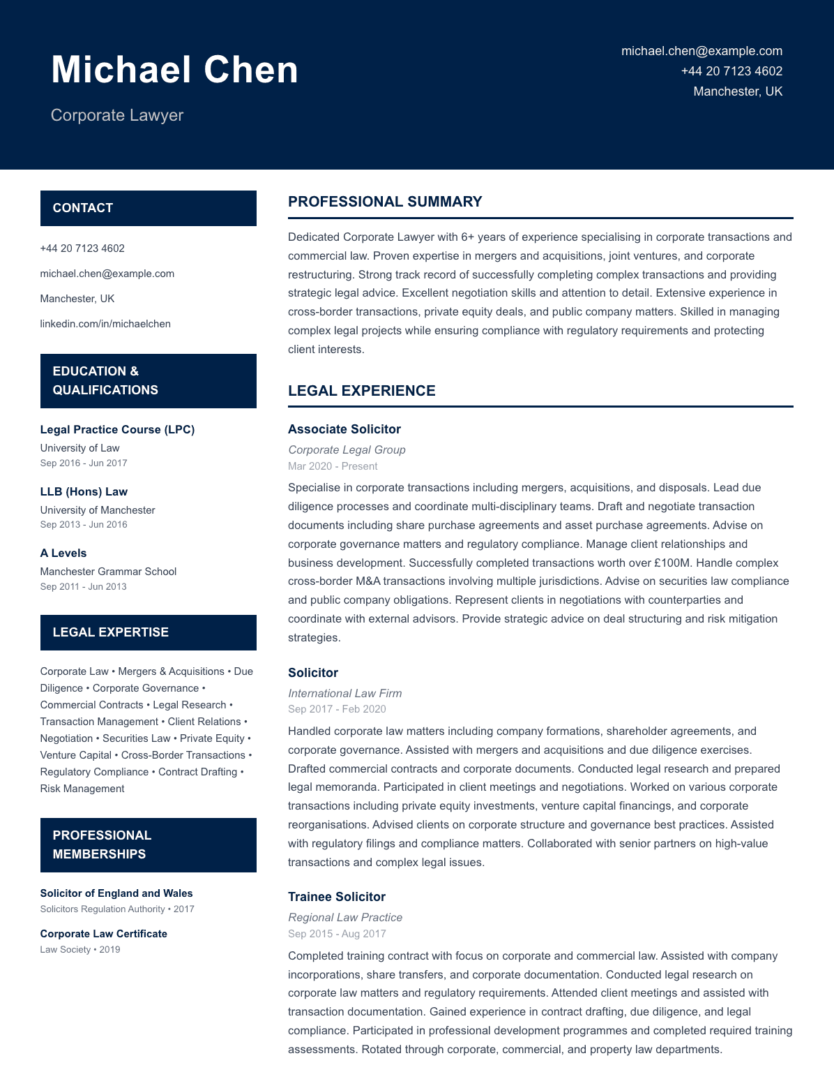 free legal cv template corporate lawyer