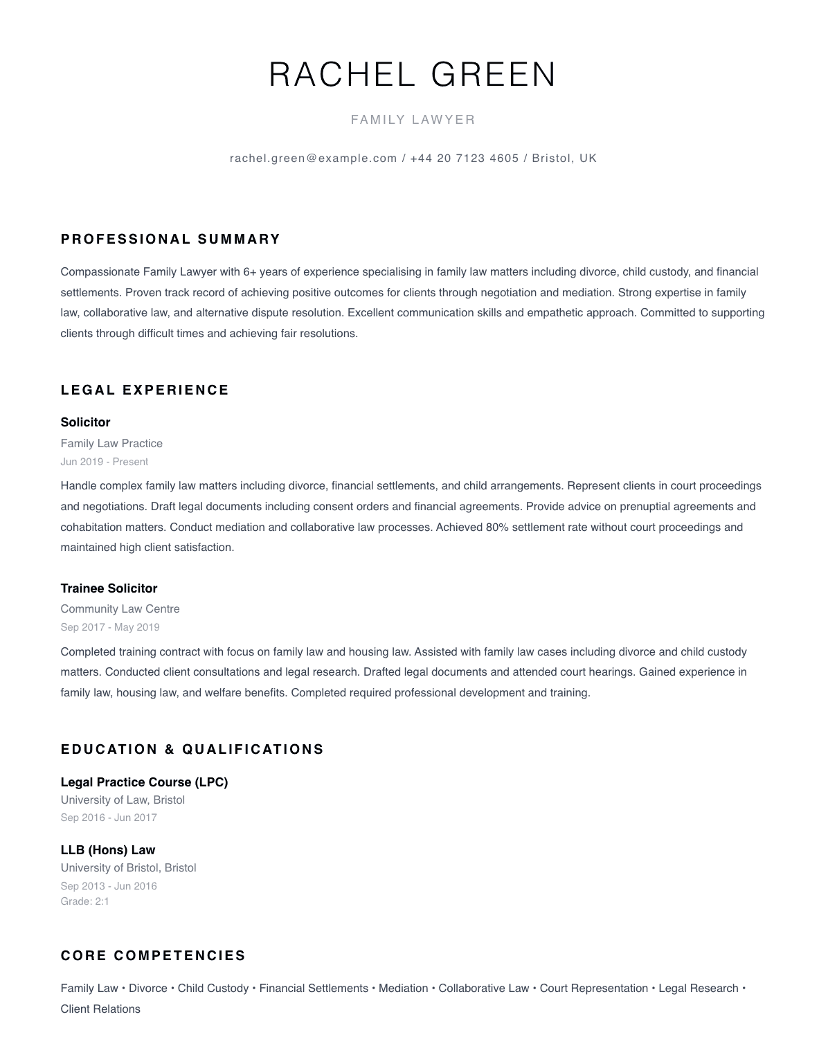 free legal cv template family law
