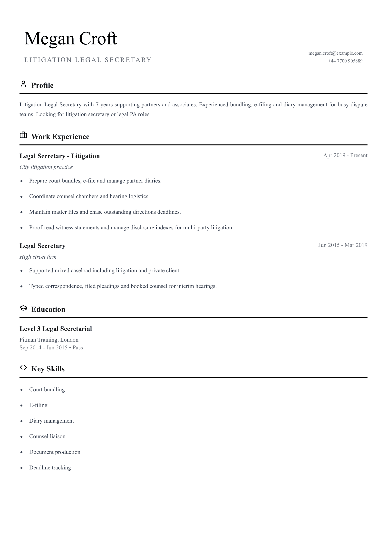 disputes team legal secretary cv template