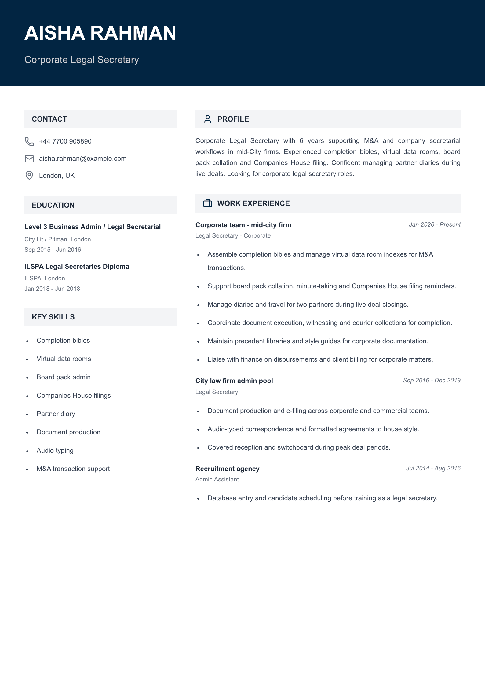 deal desk legal secretary cv template
