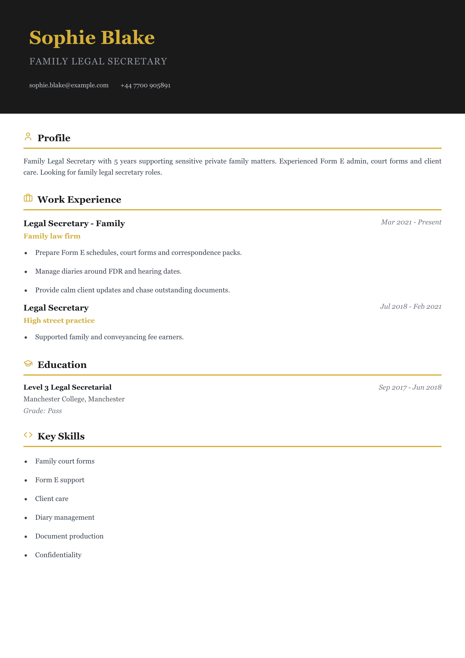 family legal secretary cv template