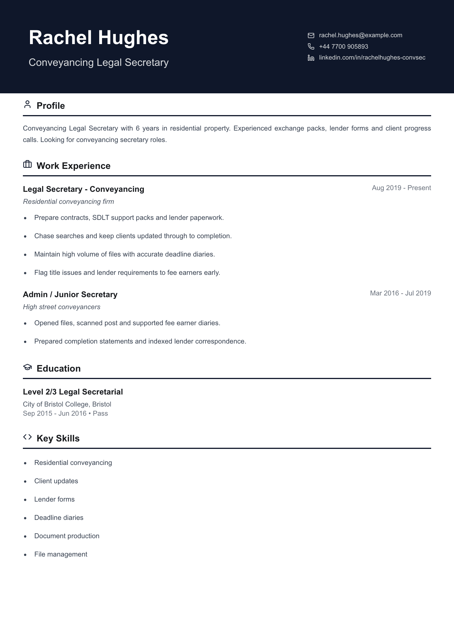 conveyancing legal secretary cv template