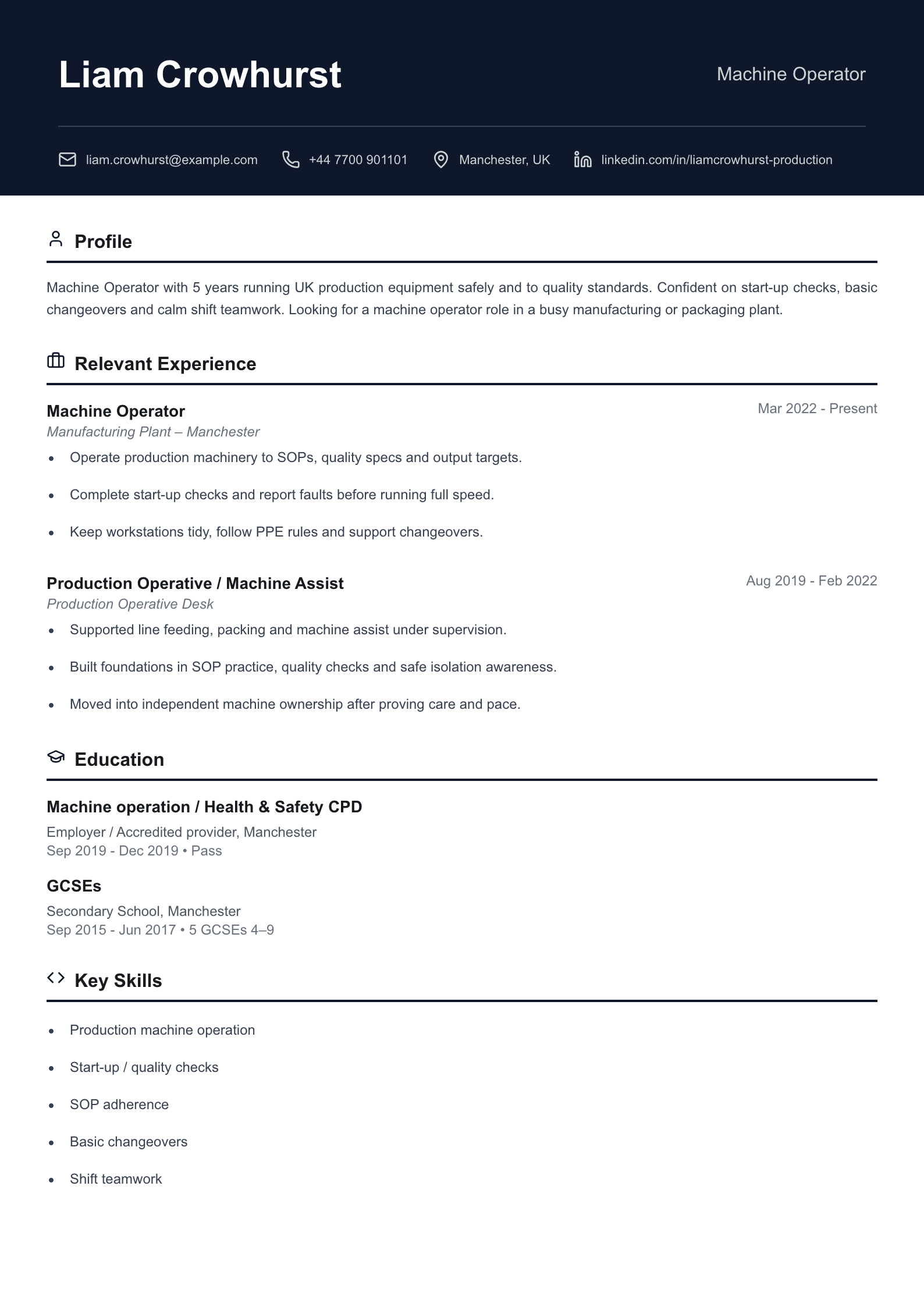 Machine operator CV template