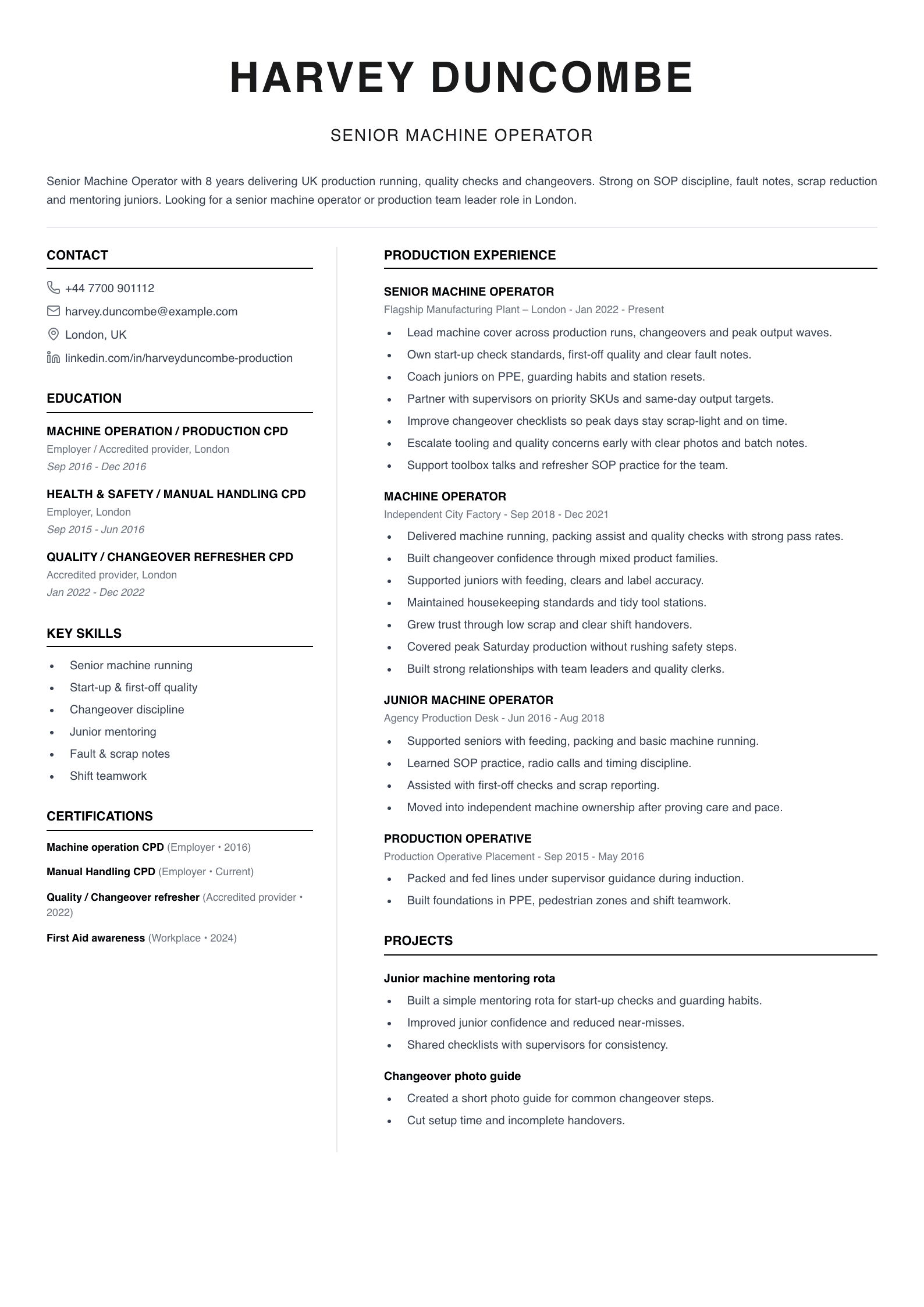 senior machine operator CV template