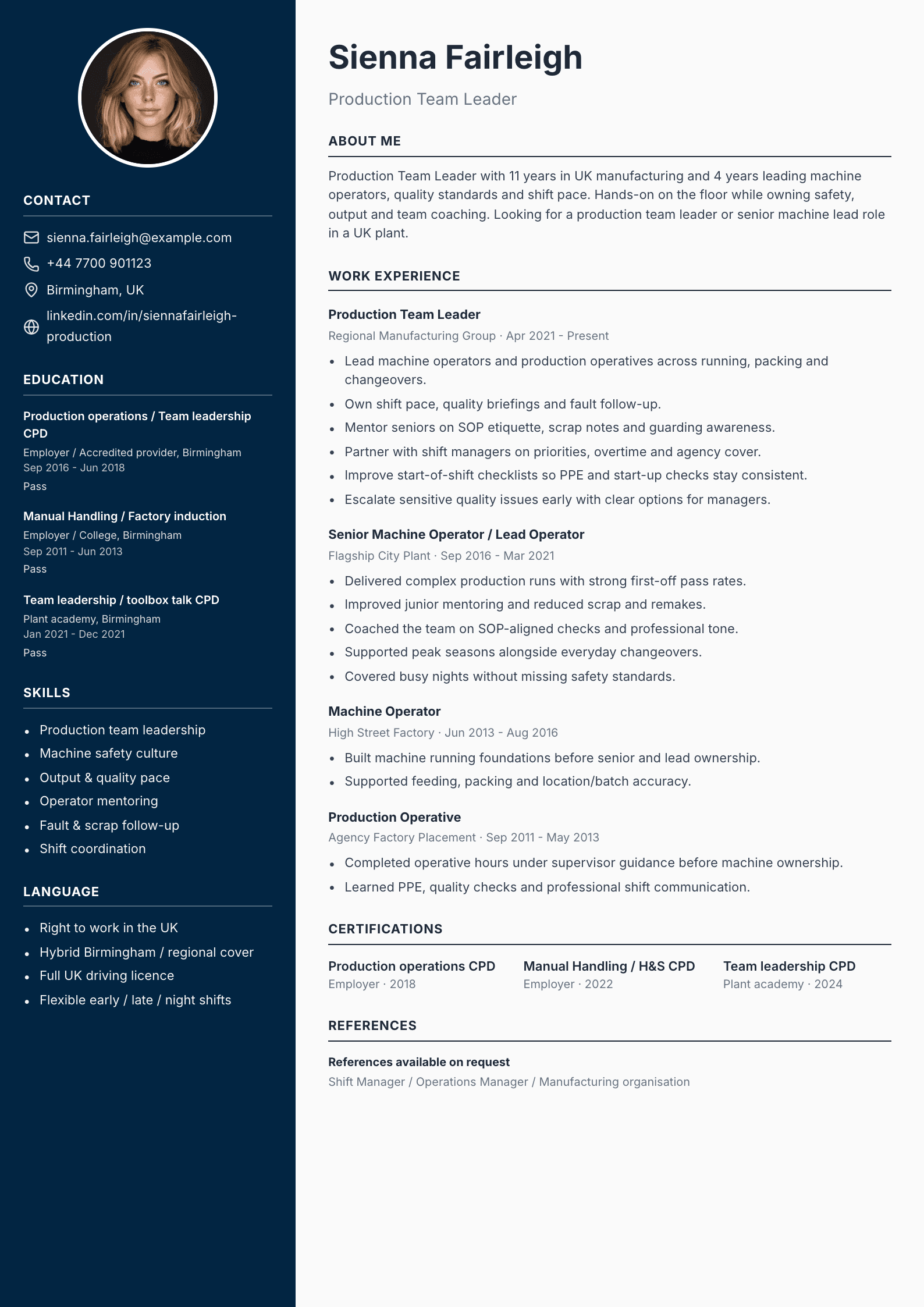Production team leader CV template