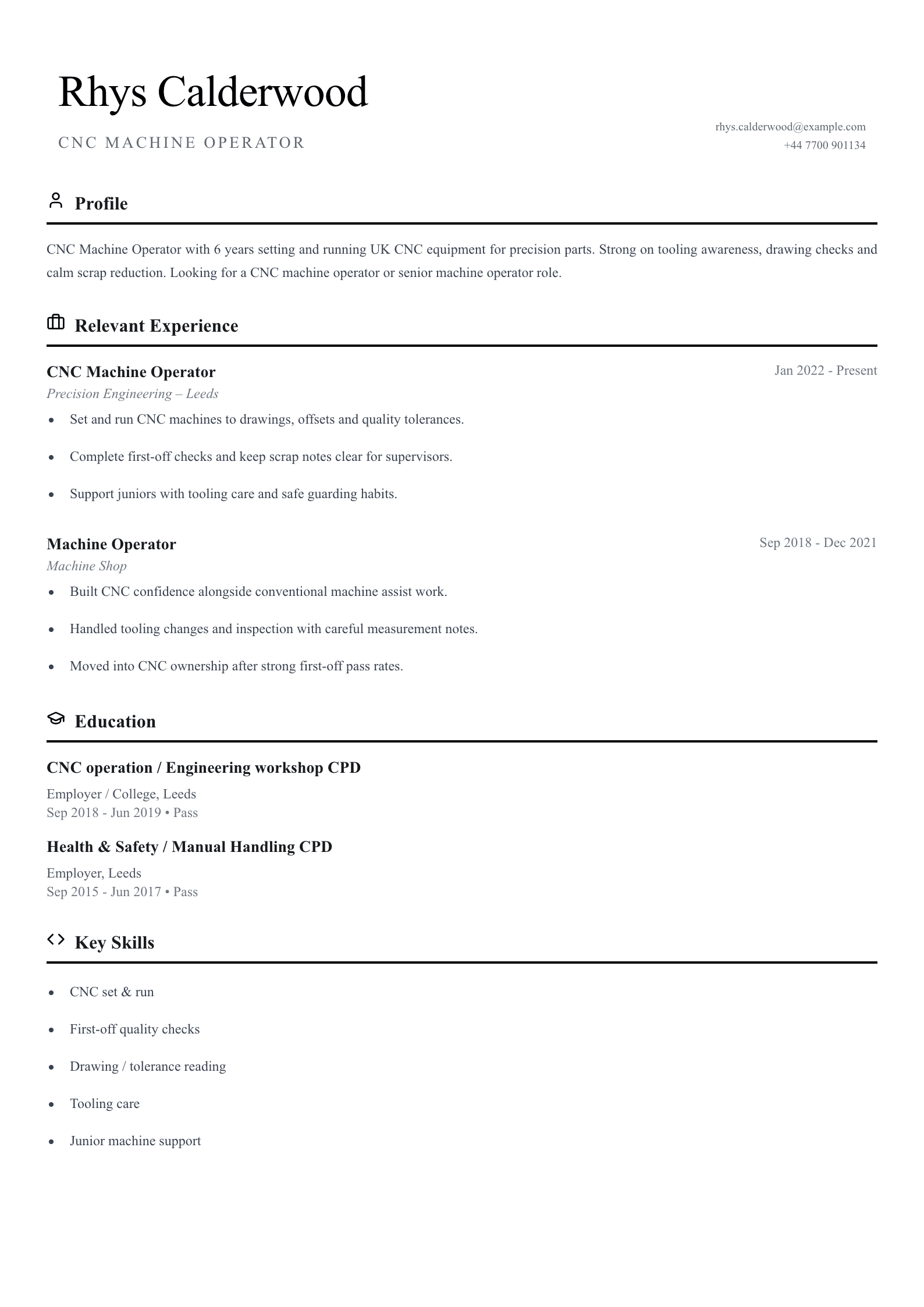 CNC machine operator CV template