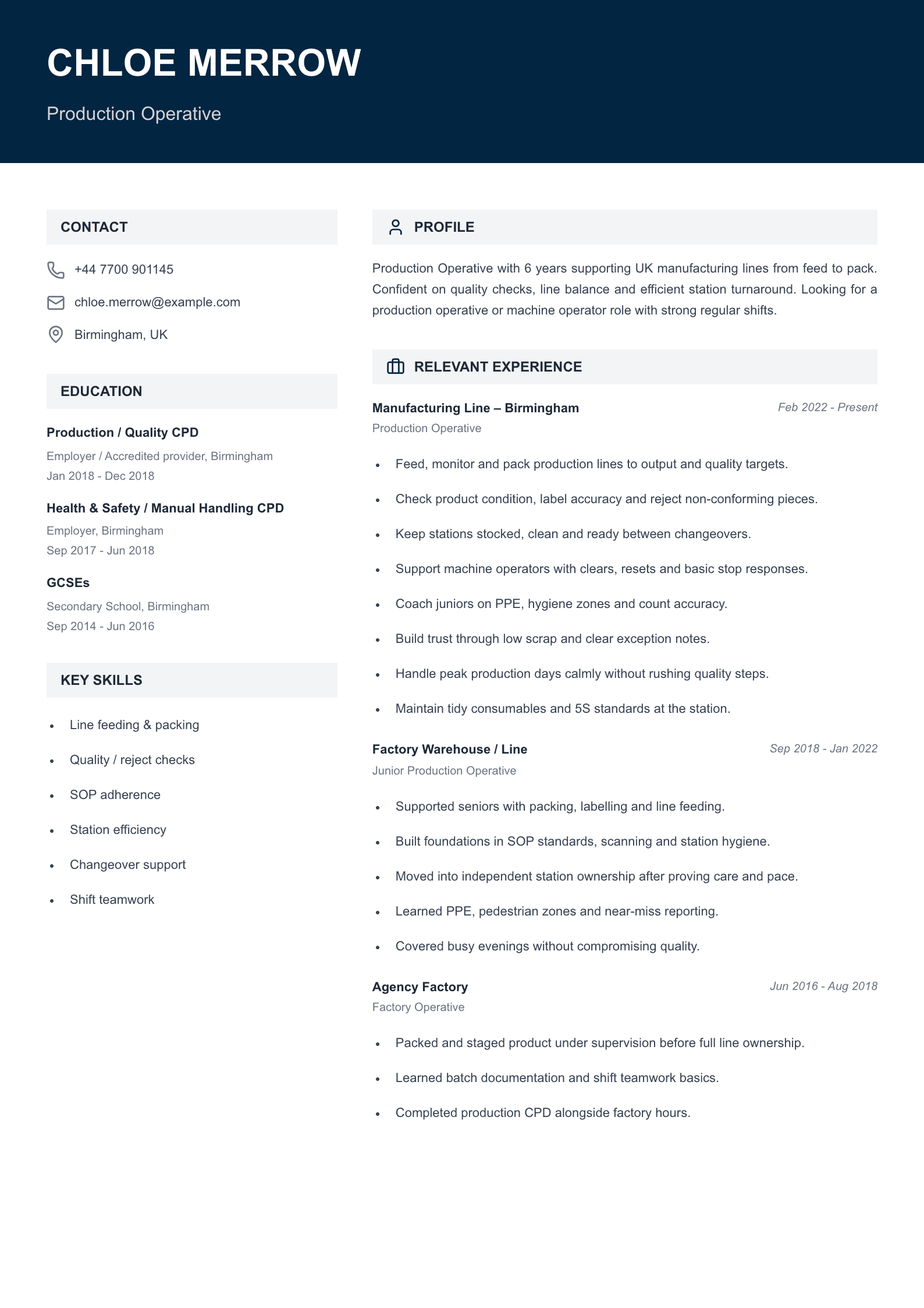 production operative CV template