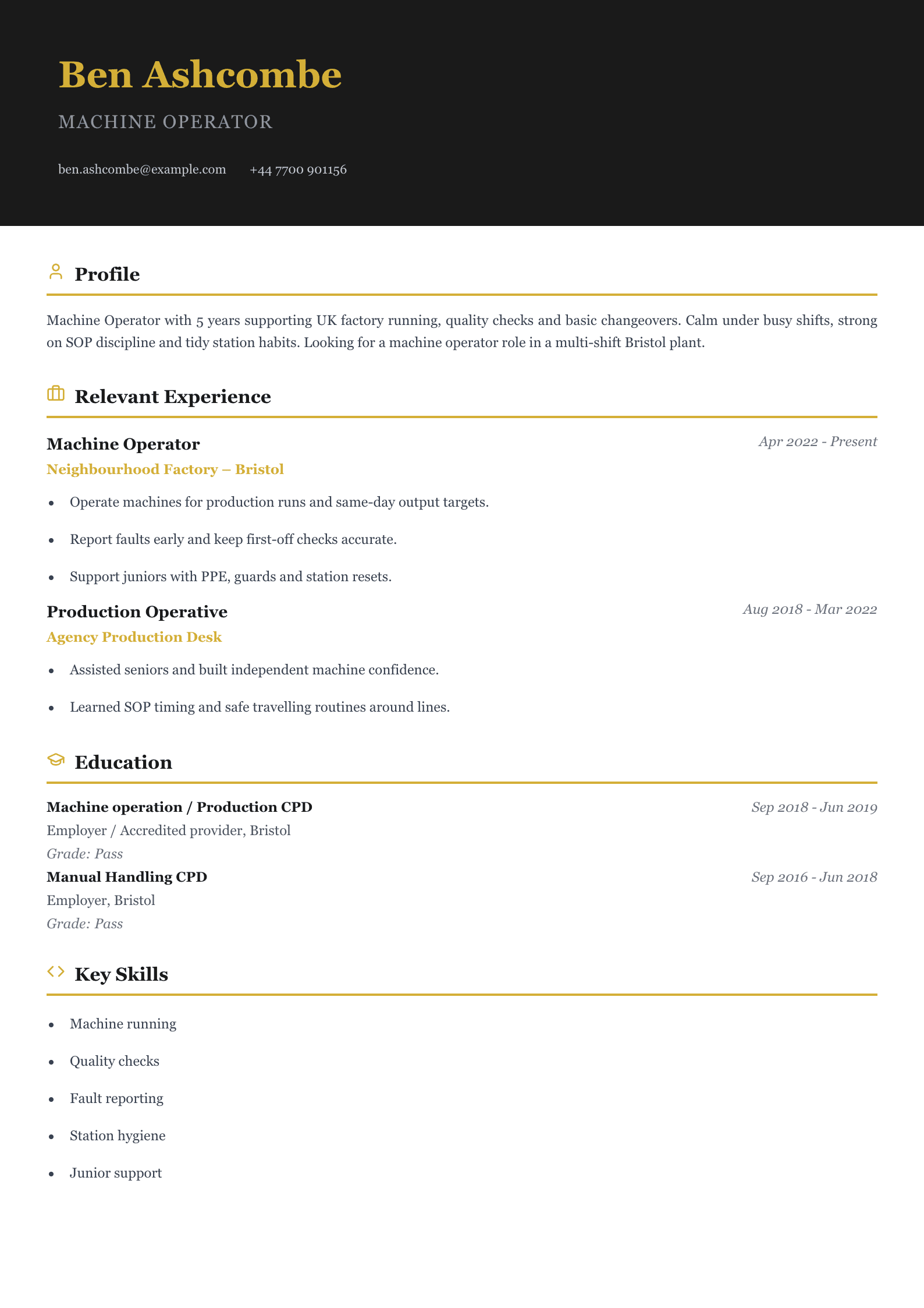 factory machine operator CV template
