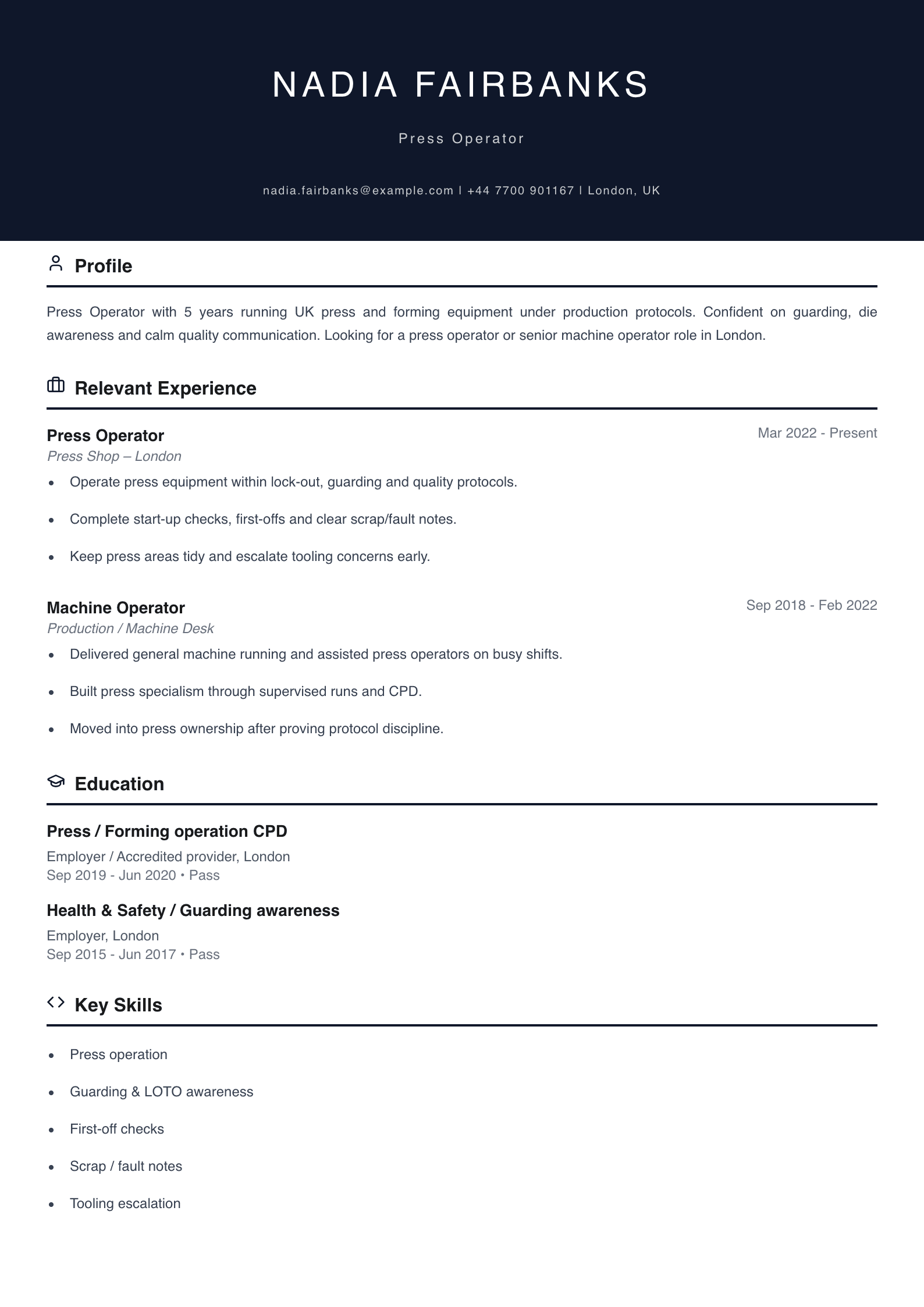 press operator CV template