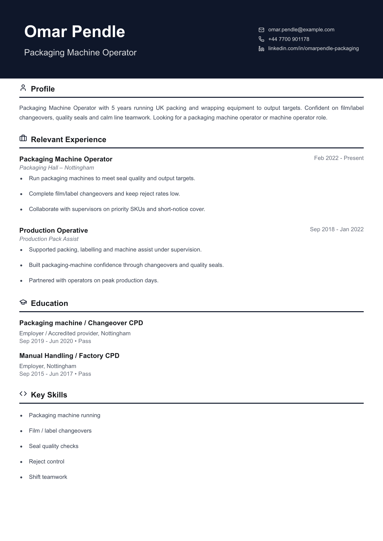 packaging machine operator CV template