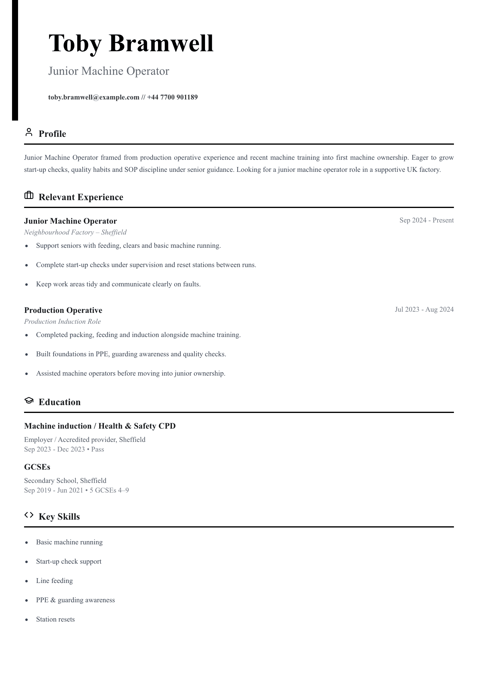 junior machine operator CV template