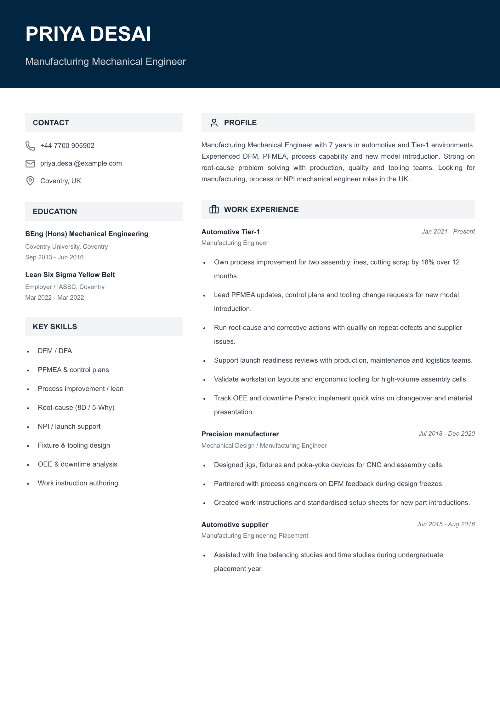 manufacturing mechanical engineer cv template
