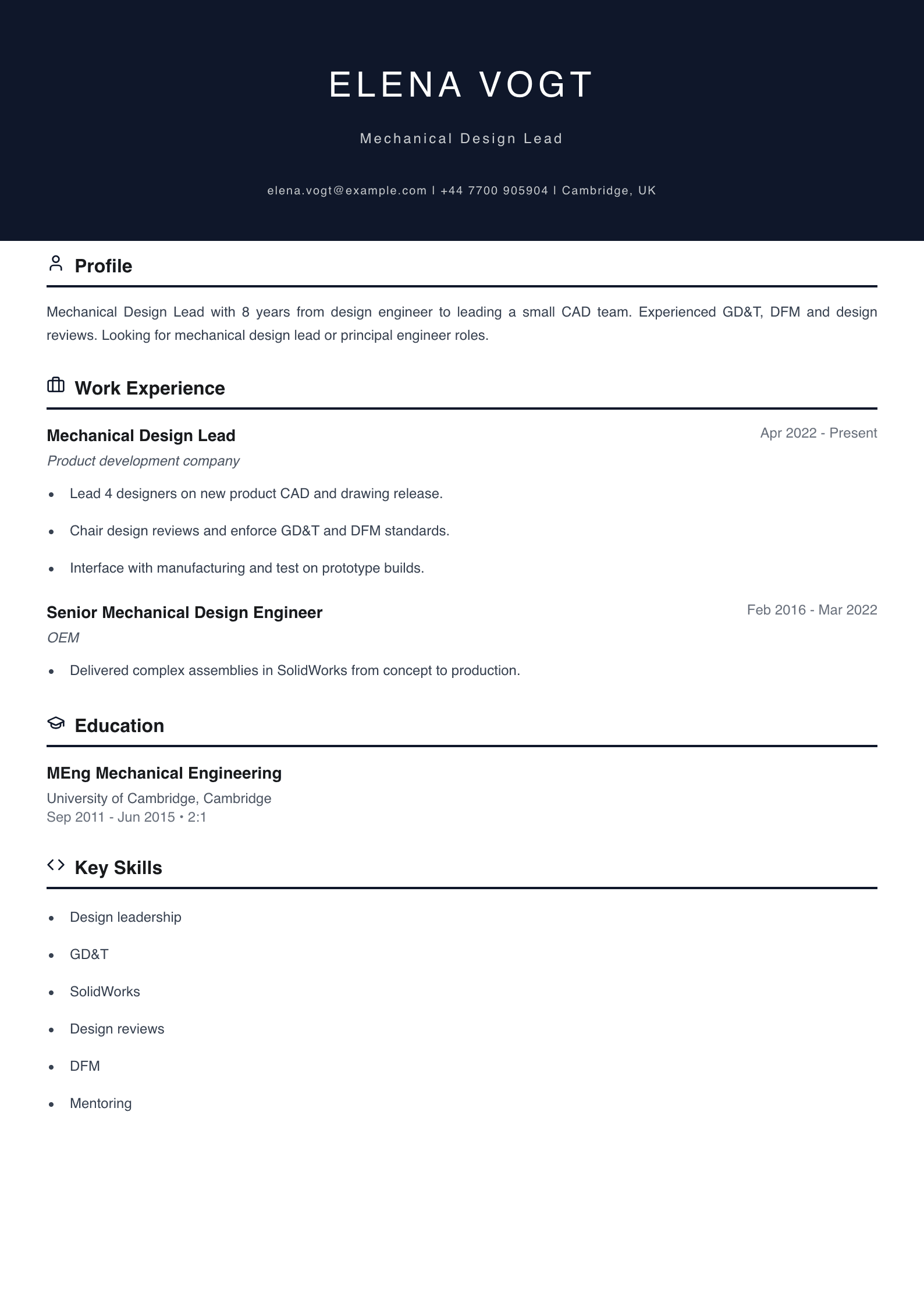 mechanical design lead cv template