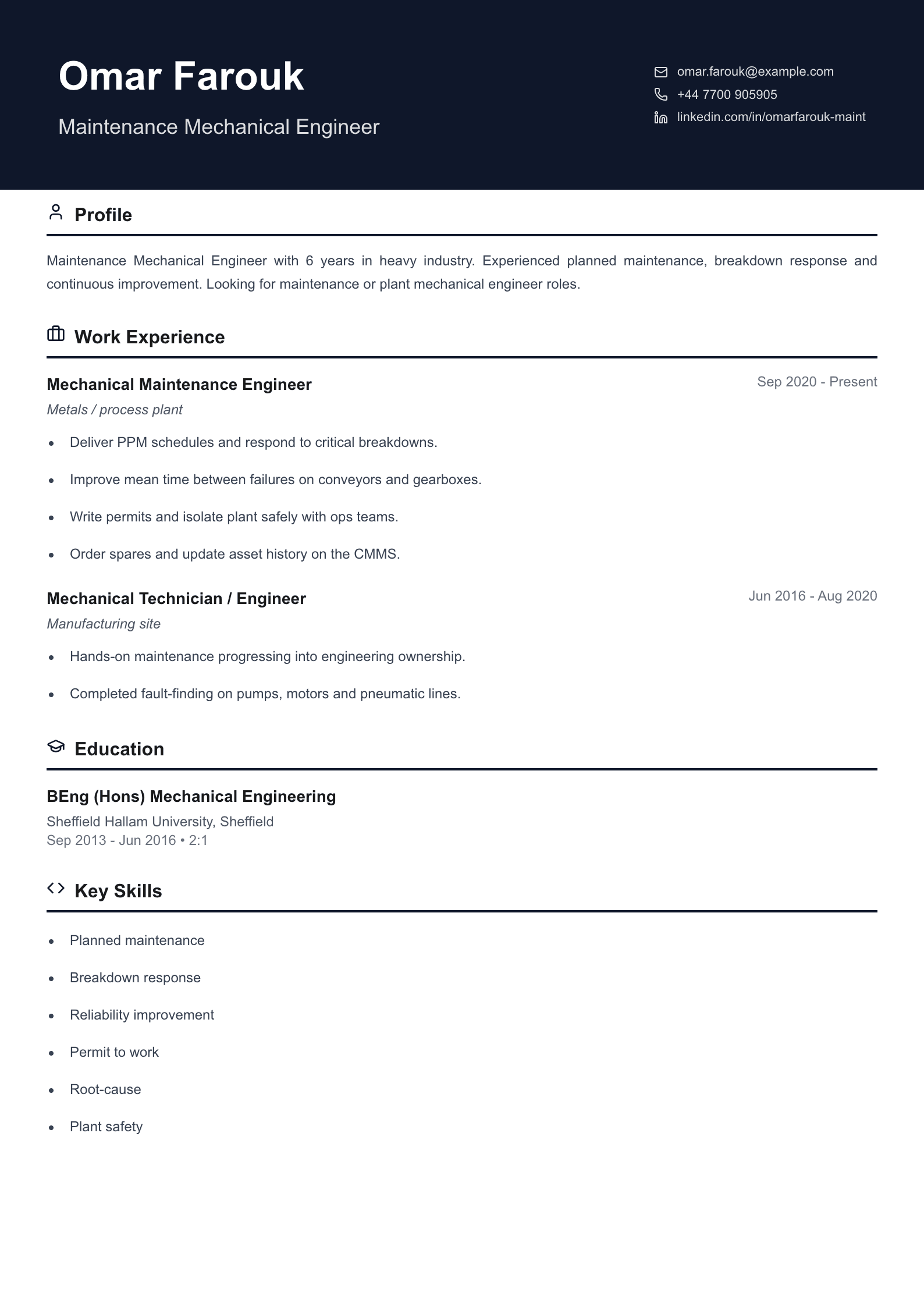 maintenance mechanical engineer cv template